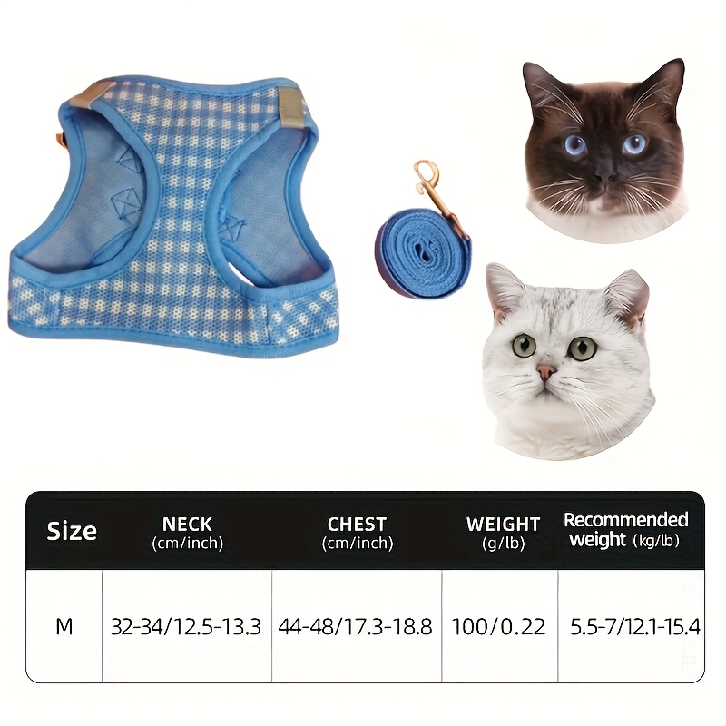 TEMU Pet Cat Set, Pattern Breathable Fabric, Durable Metal Accessories With Reflective Strips, Hand Washable, Polyester, Fits Most Cats, Pet Supplies