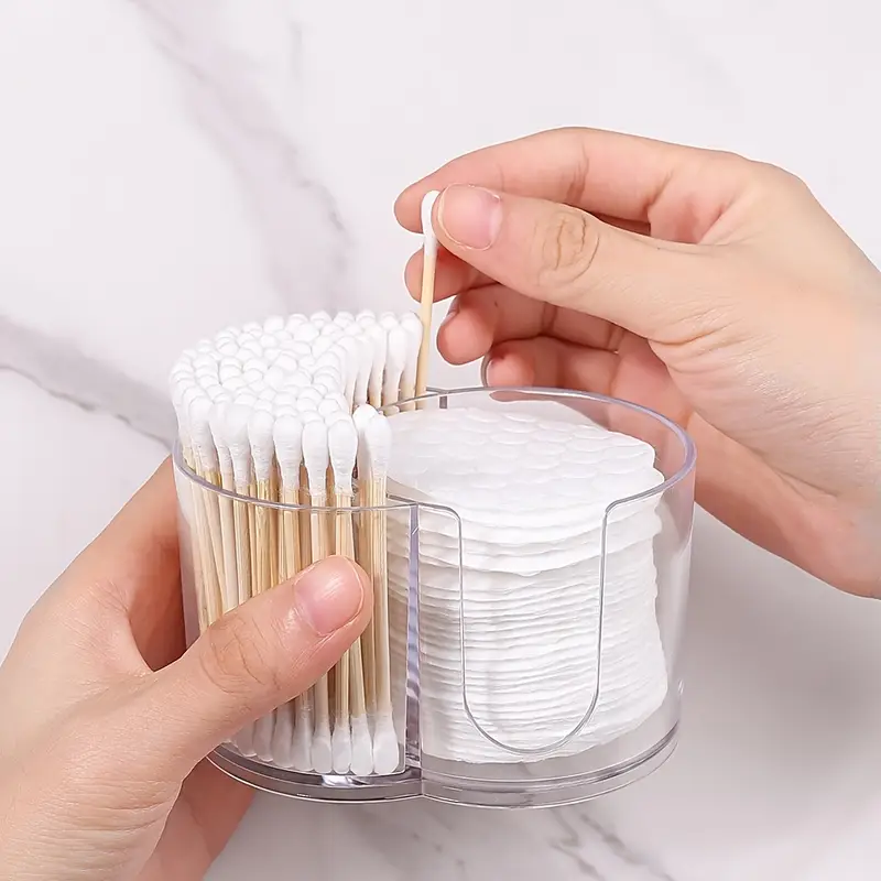 1pc round portable cosmetic storage box durable plastic makeup organizer with polished compact desktop case for bathroom travel dressing table modern makeup brush swab holder bathroom organizer Product details 1
