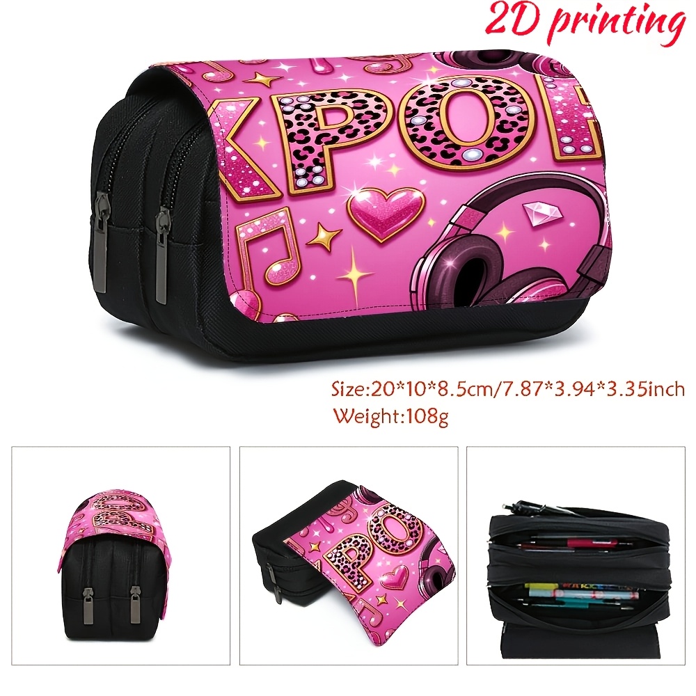 TEMU Trousse à crayons tendance campus imprimée en 2D, double couche, motif Kpop , grande , fermeture éclair à , organisateur portable durable