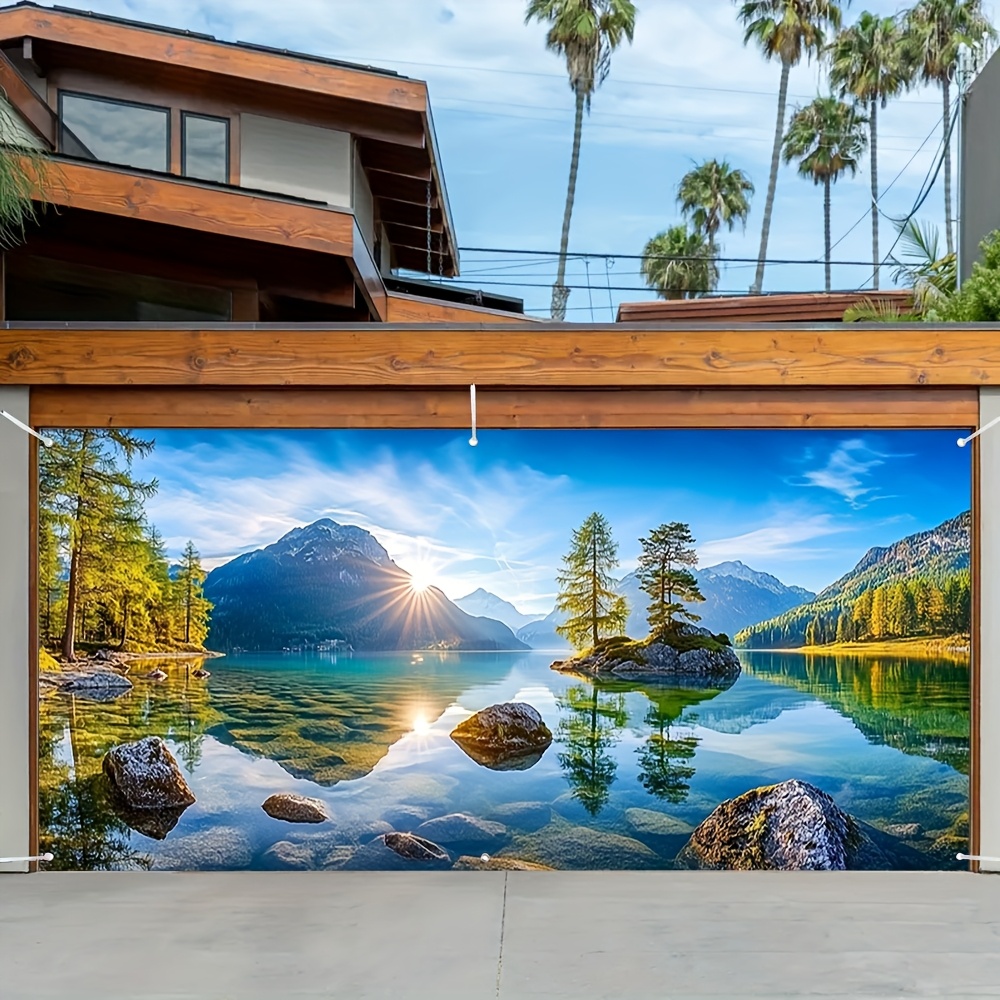 1pc 2D Flat Printing Landscape Pattern Garage Door Fabric Banner - Durable Polyester, No Power Needed, Easy to Hang, Ideal for Weddings, Parties, and Outdoor Celebrations, Outdoor Celebration Decor | Scenic Landscape Design | Durable Polyester Banner, Outdoor Decorations