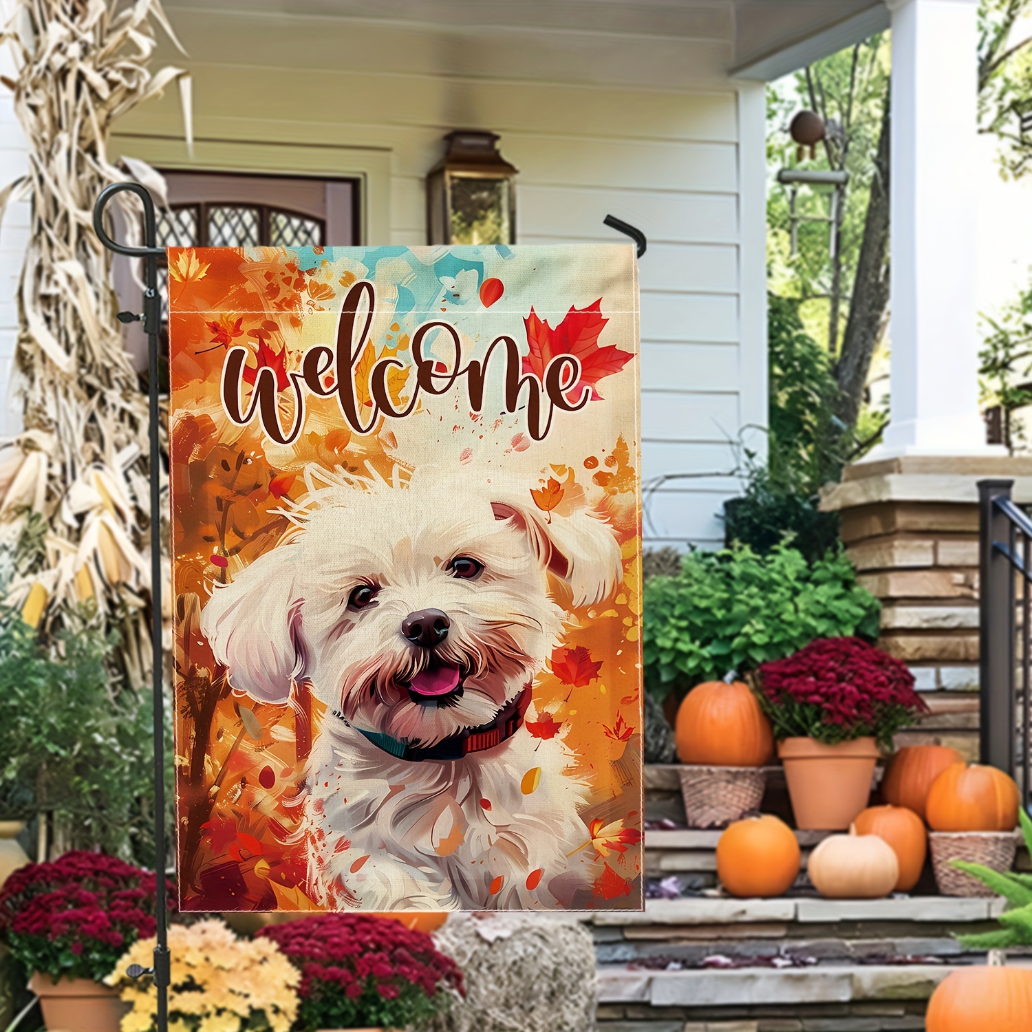 

Autumn Welcome Garden Flag - Durable Polyester Fabric, Double-sided Cute Dog & Maple Leaf Design, Linen Texture, No Power Needed, Ideal For Outdoor Patio & Garden Decor (12" X 18") - 1 Pack