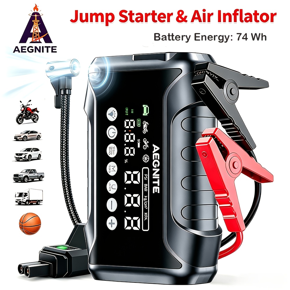 TEMU Aegnite 10-in-1 Portable Car Jump Starter, 12v Car Battery Charger, 150 Psi Air Compressor, With Power Bank And Led Light—a Multifunctional