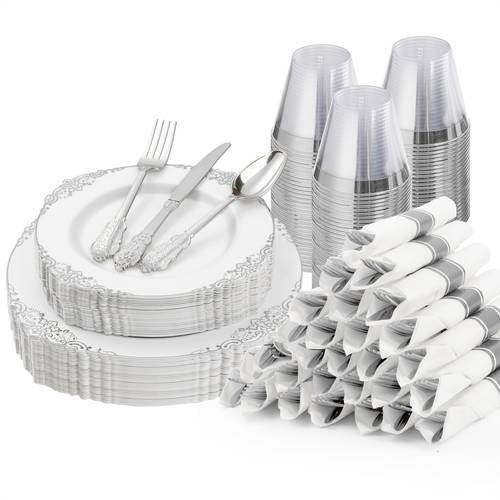 175 piezas de platos de plástico plateado, para 25 invitados, juego de vajilla desechable 50 platos de plástico, 25 cubiertos, 25 vasos y 25 servilletas pre enrolladas para fiestas y