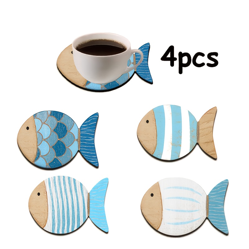 TEMU 4pcs Wooden Fish Shaped Coasters, Blue Polka Dot Striped Design, Heat Resistant For Coffee Tea Cup, 2.87x4.92 Inch For Home Bar Office Festival