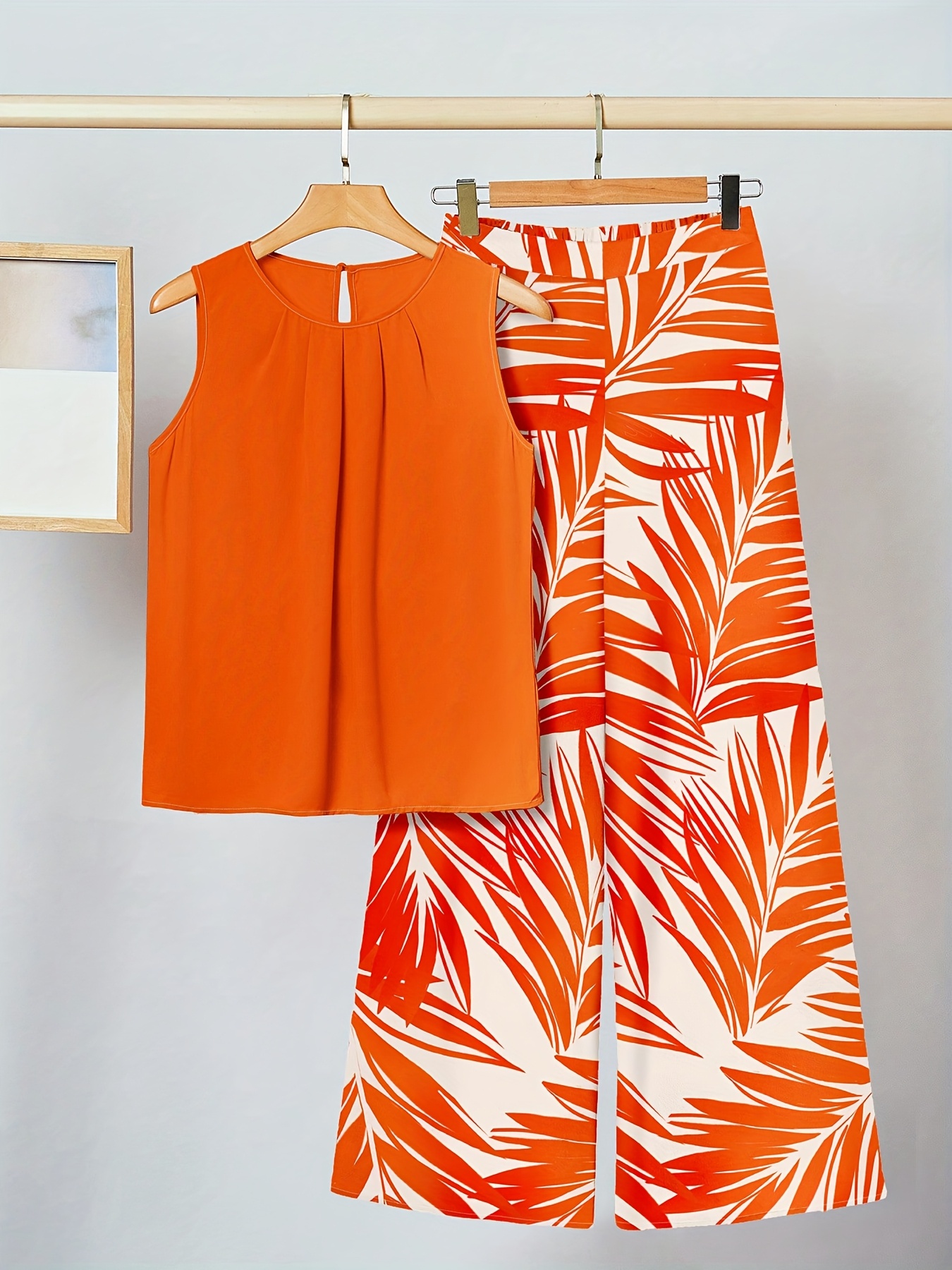 2pcs womens orange print vacation outfit suitable for summer womens   outfit womens elegant vacation outfit womens beach vacation outfit womens   outfit womens island vacation outfit details 0