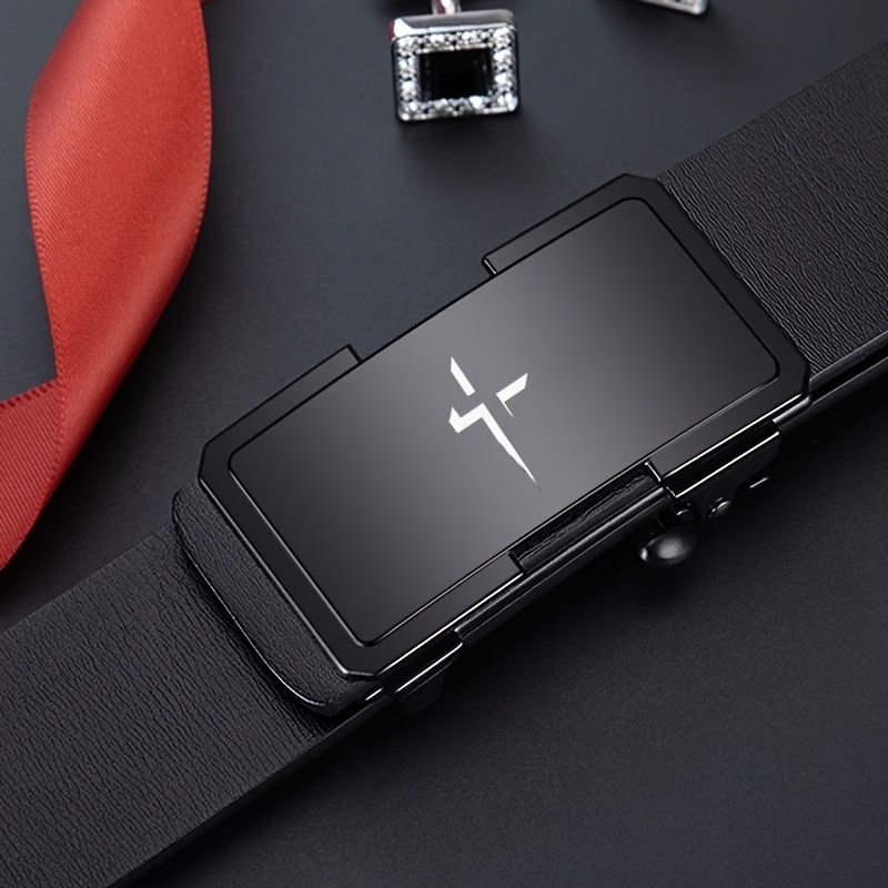 Men's Belt with Cross Pattern and Alloy Automatic Buckle