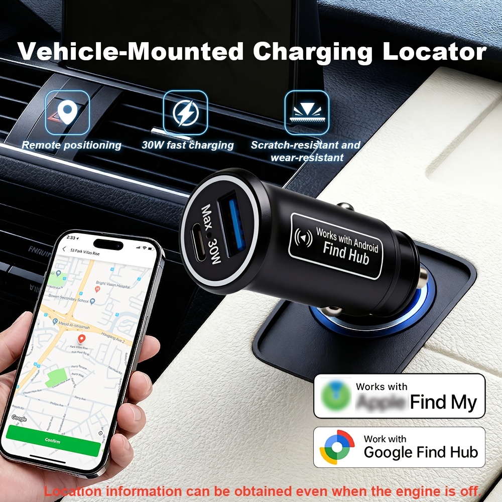 Ce localisateur GPS de voiture 2-en-1 fonctionne également comme un chargeur rapide de 30W. Il est doté de ports de charge doubles (USB + Type-C), d'alimentation par prise allume-cigare, d'une compatibilité avec "Find Me" d'iOS et Google Find Hub, d'un condensateur intégré et prend en charge la recherche hors ligne.