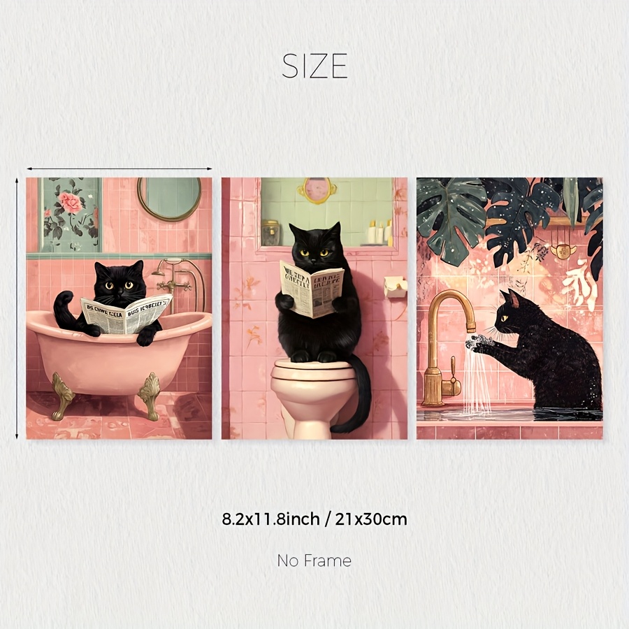 E-shop 1 Set 3pcs Art Deco Retro Farmhouse Black Cat Badezimmer Lesen Druck, Niedliche Tier Toiletten Wand Dekor, Rosa Pflanze Leinwand Poster, Moderne