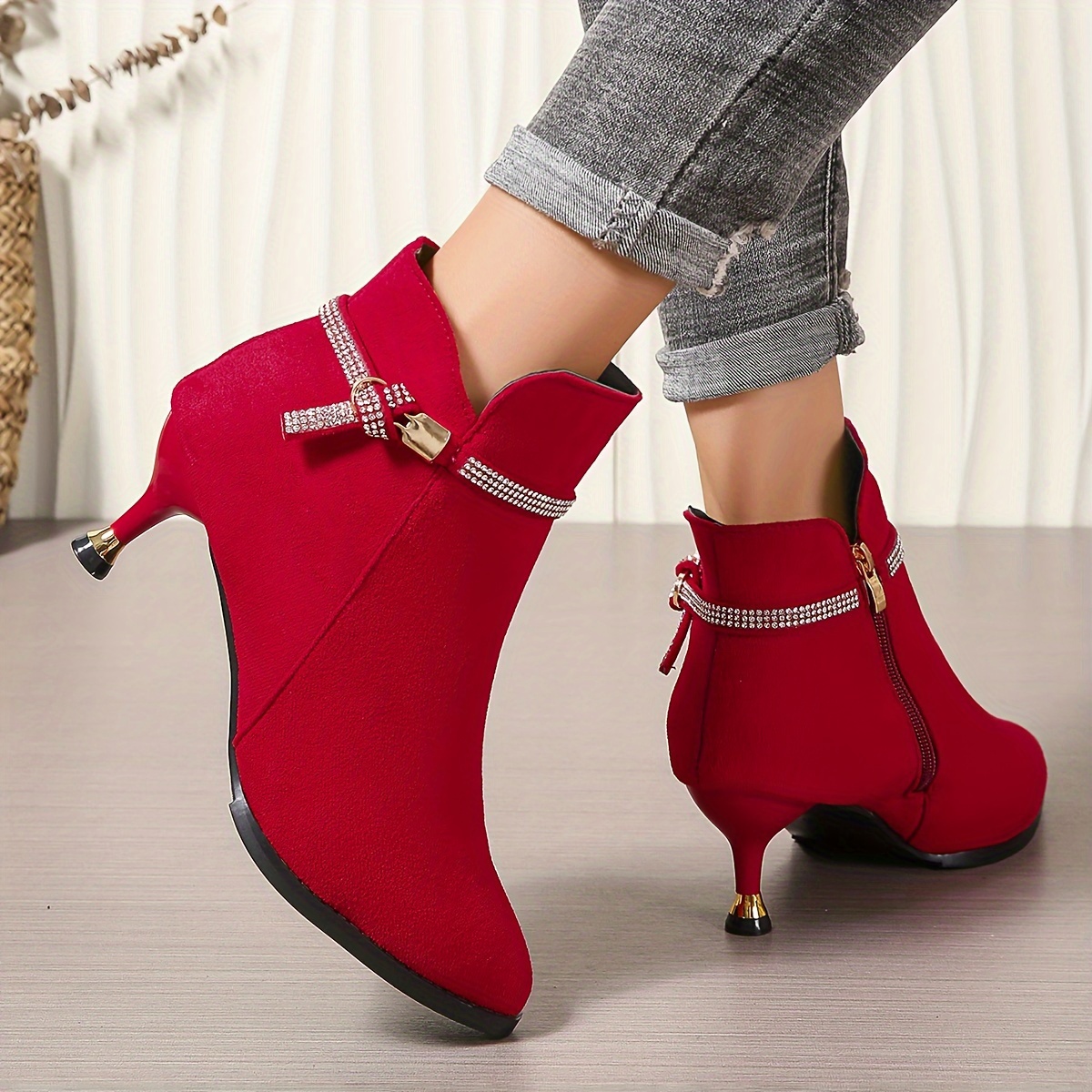 Women's Rhinestone Decor Stiletto Heeled Boots, Fashion Point Toe Dress Boots, Comfortable Side Zipper Boots