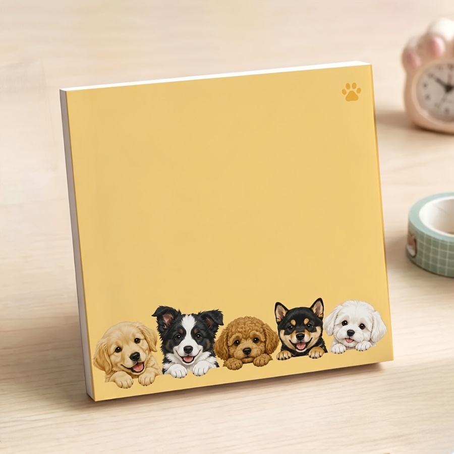 TEMU Cute Puppy Non-sticky Notepad, Yellow Tear-off Memo Pad With 5 Little Dogs & Paw Print, Blank For Office Desk Decor, School Supplies And Gifts