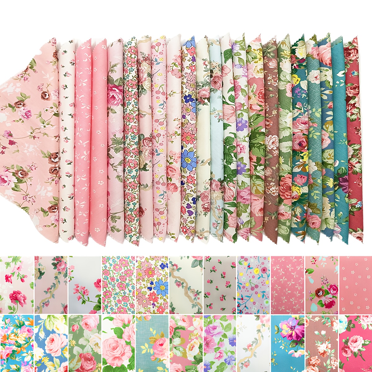 E-shop 22-teiliges Stoff-Set mit rosa botanischen Blumen, 25*25cm/9,8*9,8in vorgeschnittene Patchwork-Quadrate, geeignet für DIY-Nähen, Scrapbooking,