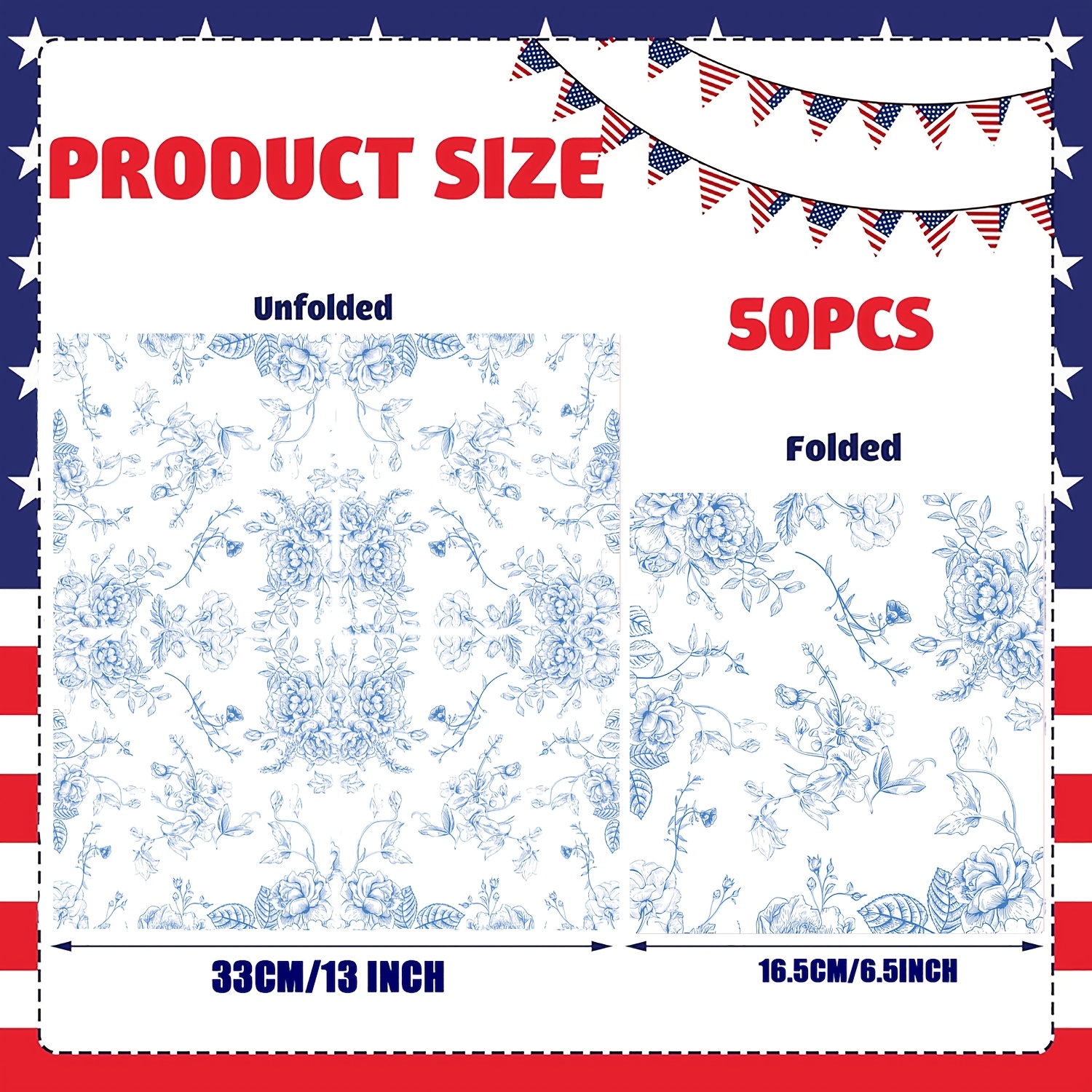 TEMU 50pack Blue Floral Cocktail Napkins Blue And White Floral Toile Paper Napkins Blue Floral Napkins For Bridal Shower, Tea Party, Garden Party,