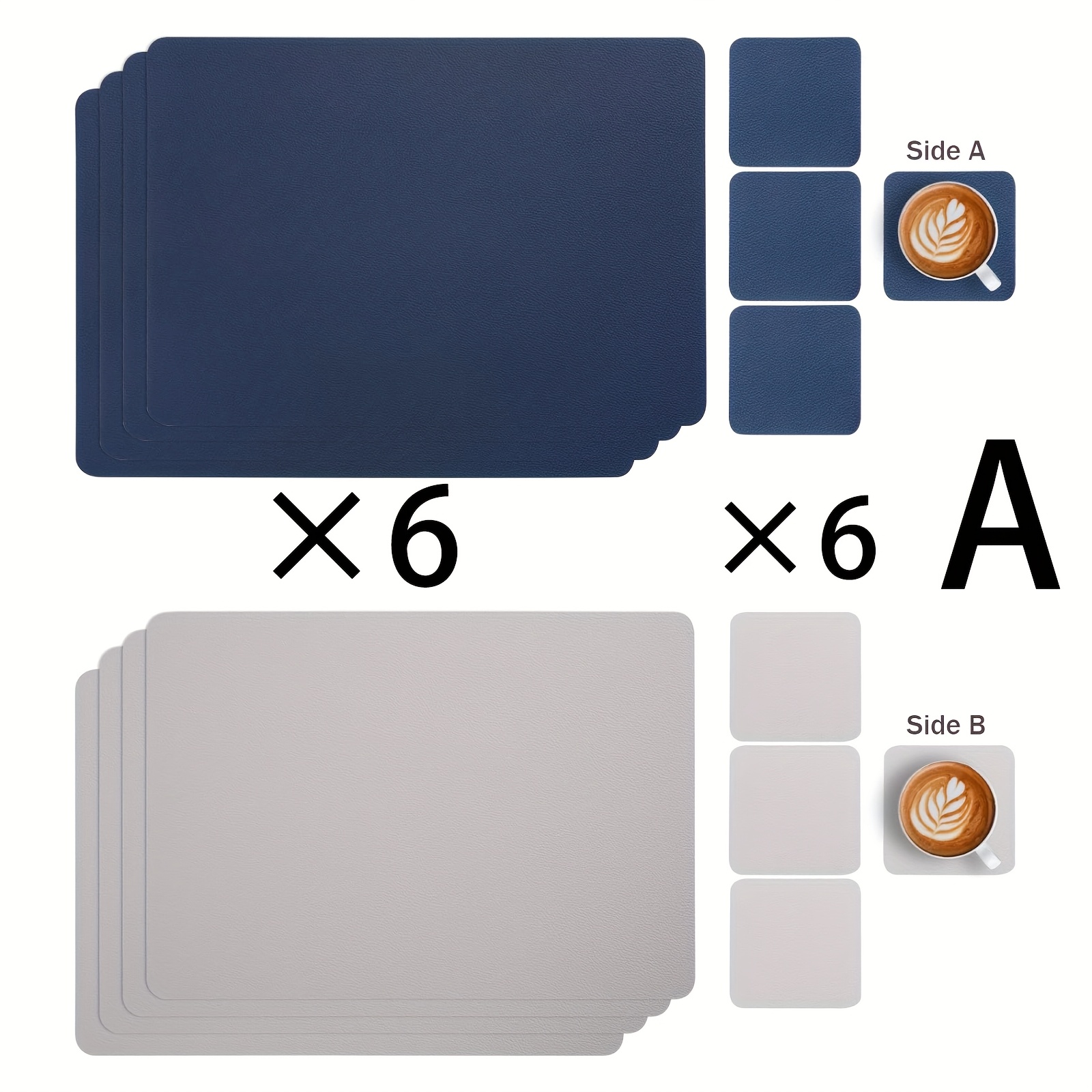 12pcs Mats And Coasters Set, Double Sided Heat Resistant Washable Non-slip Wipeable Placemats Set, 6 Placemats, 6 Coasters For Kitchen And Dining Room, Wedding, Party Cups, Tables, Bar Glass Coasters