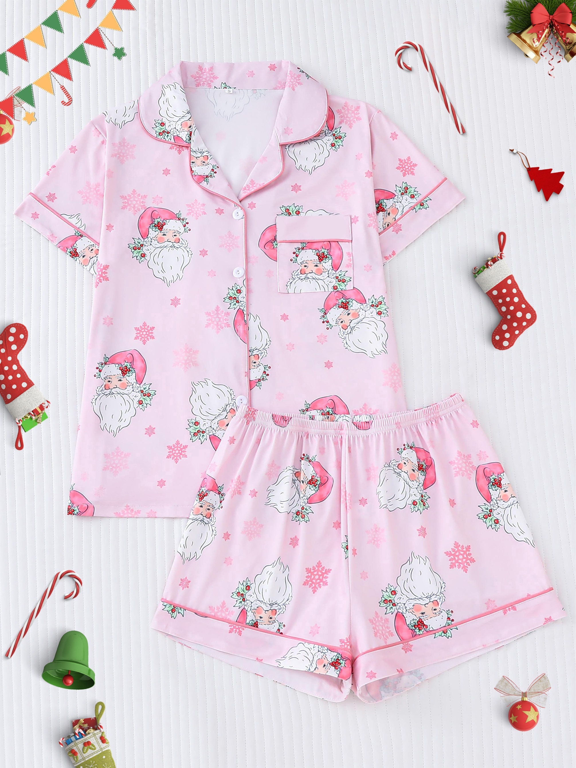 womens cute santa print pajama set short sleeve buttons lapel top shorts comfortable relaxed fit for christmas Product details 0