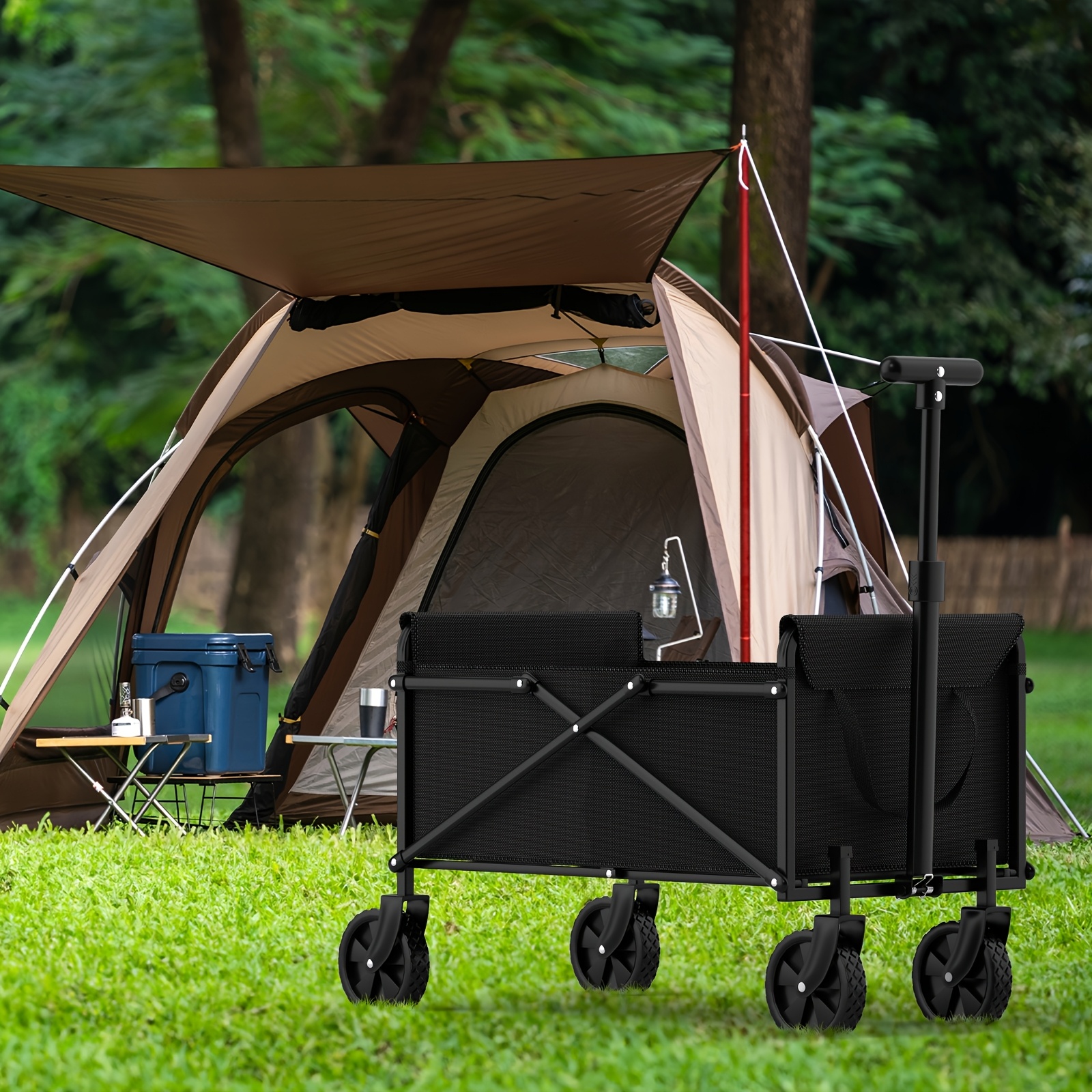 1pc 220LBS Foldable Wagon Cart, Heavy Duty Collapsible Folding Utility Garden Wagon with Wheels, Portable Camping Cart for Shopping, Sports, Picnic, Fishing, And Outdoor, Garden, Black