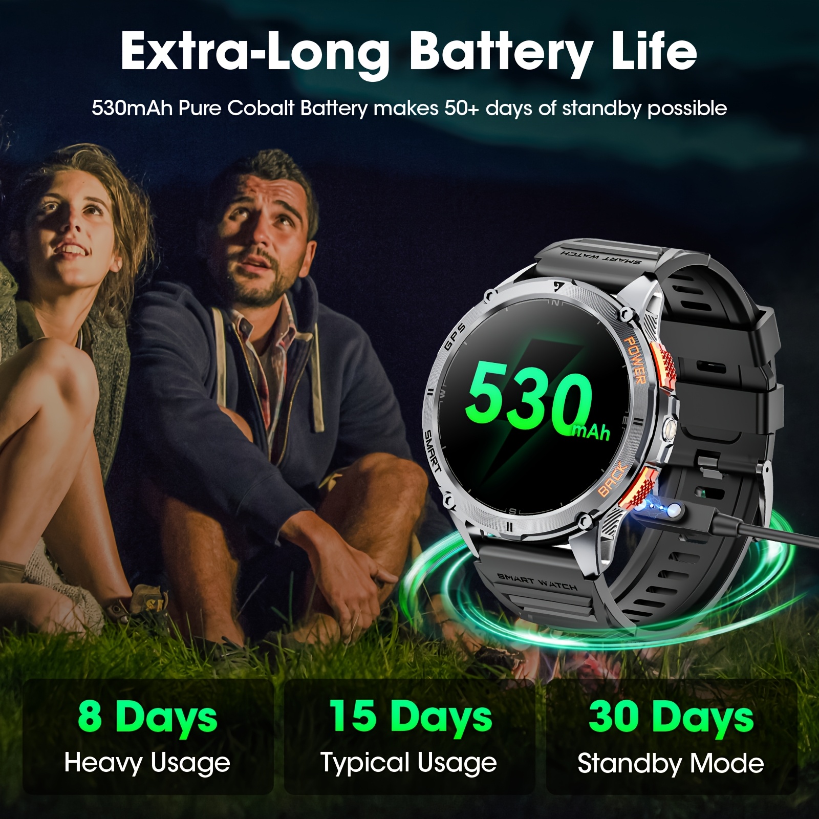 Montre connectée avec positionnement GPS réel, grande capacité de batterie, écran tactile HD AMOLED de 1.43 pouce, appel sans fil, mode sport, lampe de poche LED, montre connectée d'extérieur