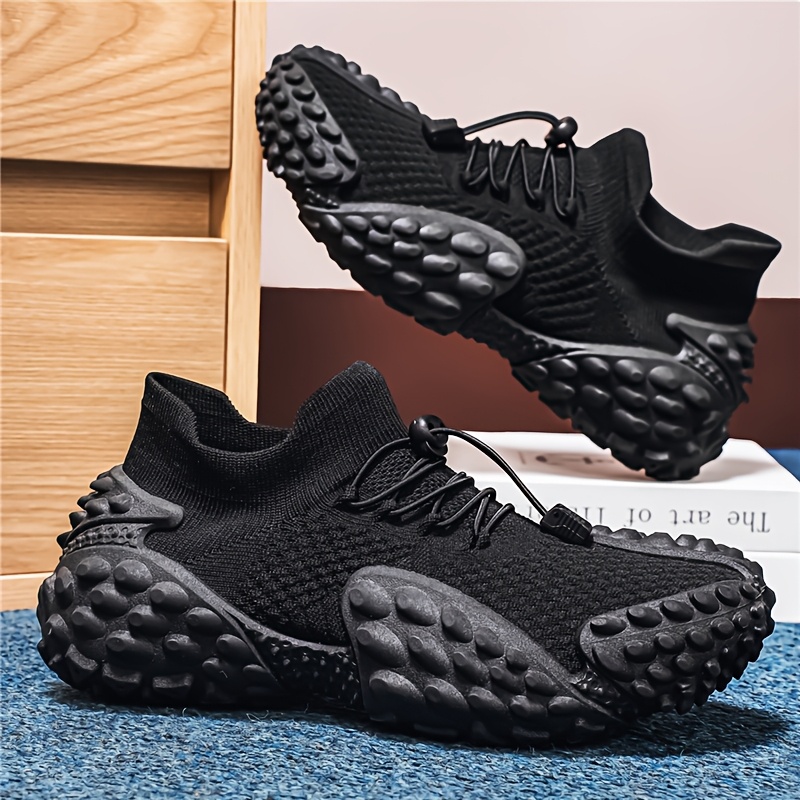 Sand-colored Knitted Mesh Outdoor Shoes with Particle Detailing, Low-Top Thick-Soled Dad Sneakers, Slip-On with Drawstring, Casual Breathable Athletic Running Shoes, Plus Size Men's Shoes