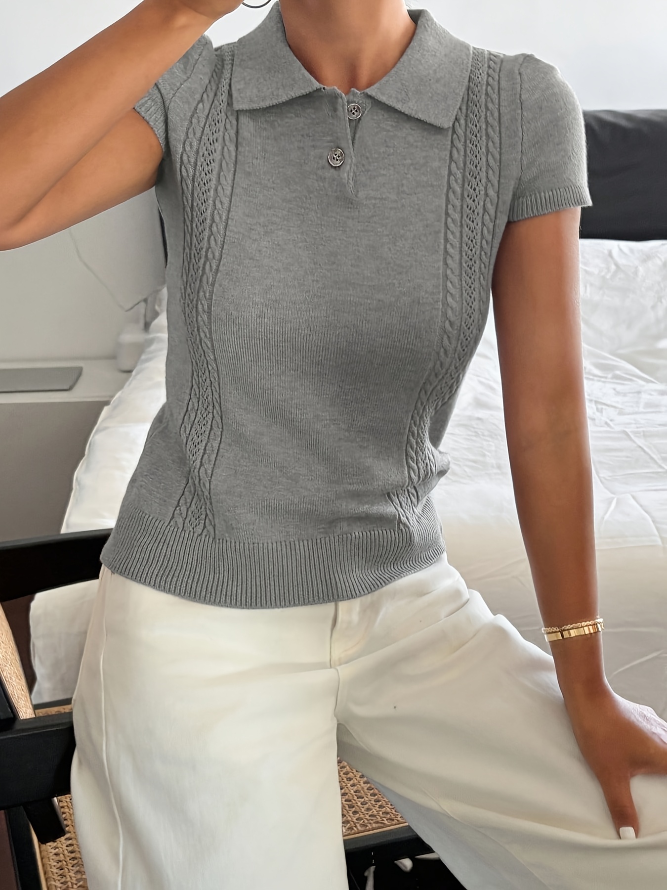 Women's POLO Collar Cable Textured Short Sleeve Solid Color Elegant Pullover Top Niannian