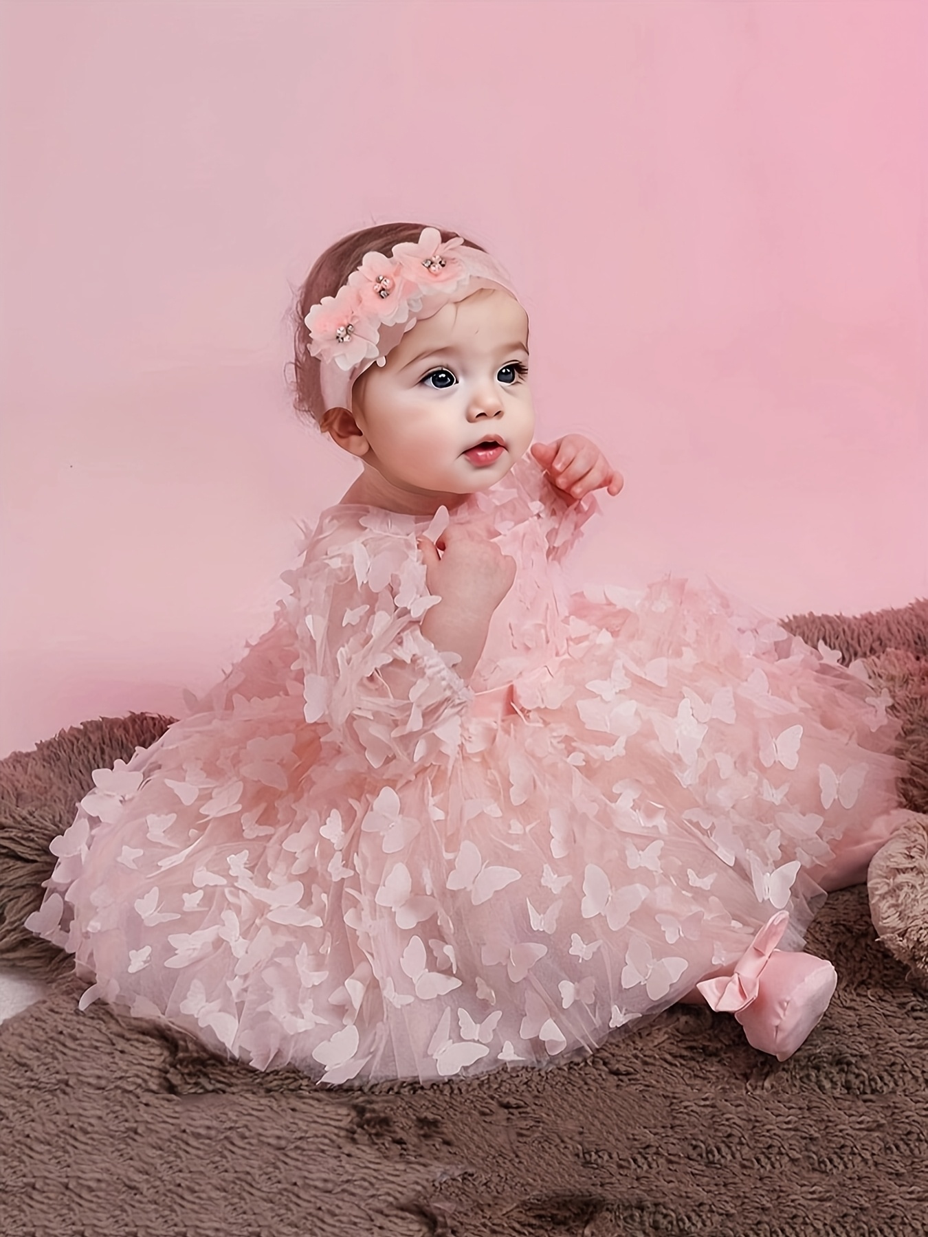 Robe tutu de princesse papillon pour filles avec bandeau floral Jupe  longue à manches longues et mi-longue avec volants, rose pour anniversaire