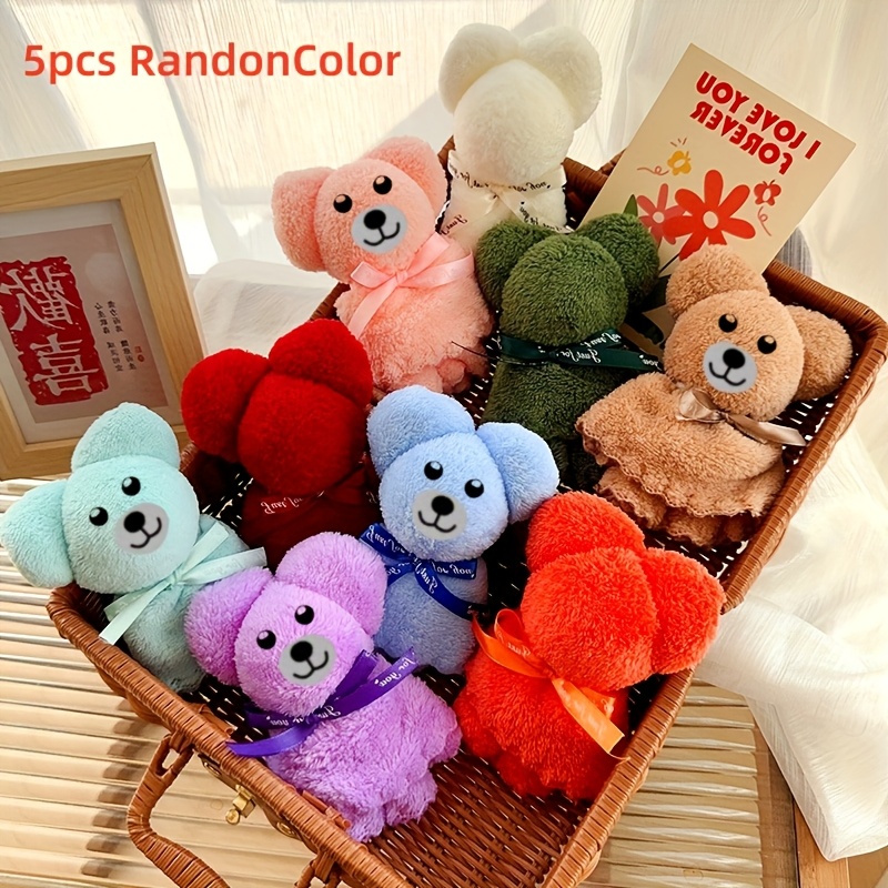 Image of 5pcs Smiling Bear Towels, Fleece, Absorbent And Quick-drying, Random Colors, Suitable For Kitchen And Dining Room | For Weddings, Parties, Birthdays, Mother's Day, Graduation Gifts