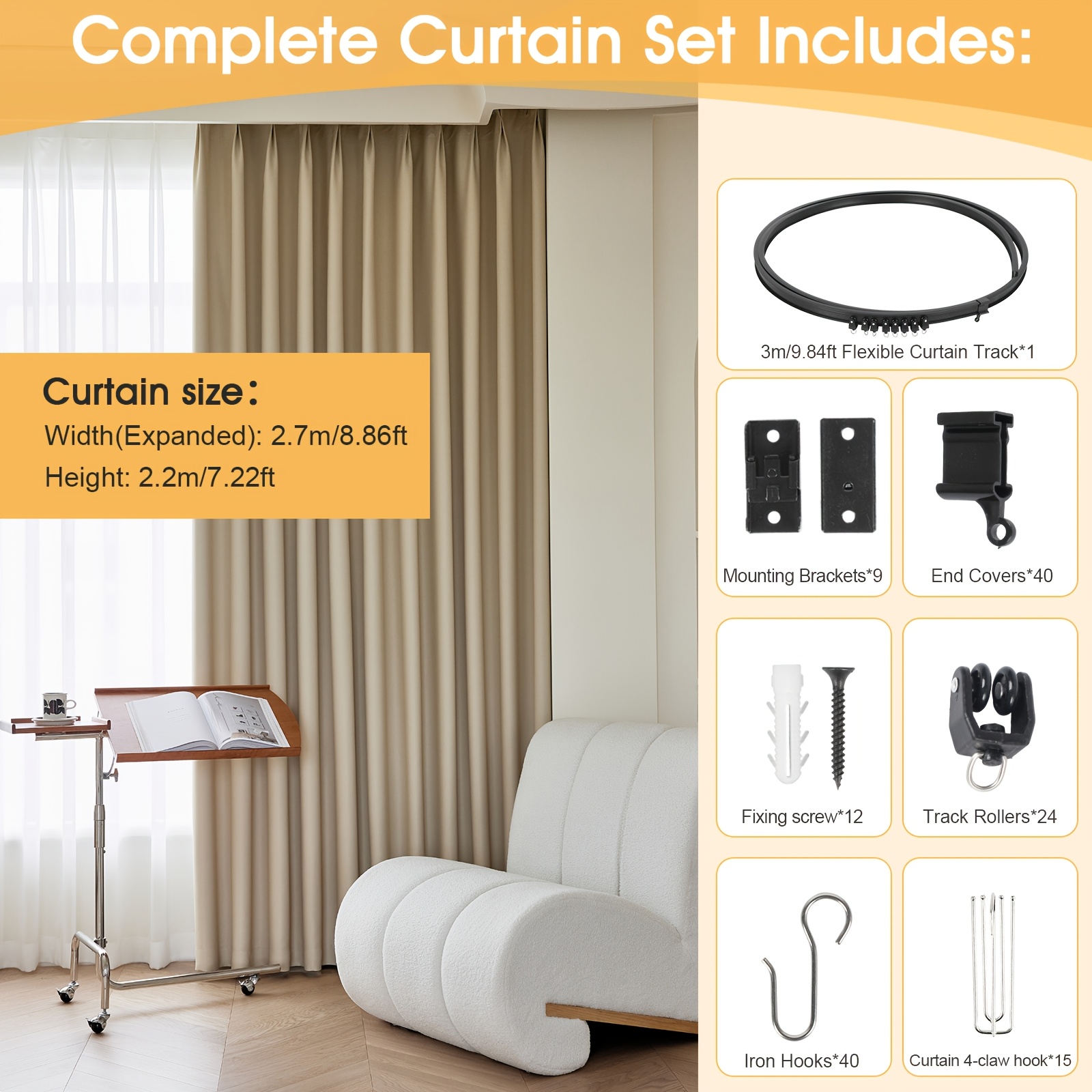 Curved Flexible Curtain Track Full Set Additions 2.7m Wide Vertical Blinds Blackout Curtain Set Suitable For Irregular Windows
