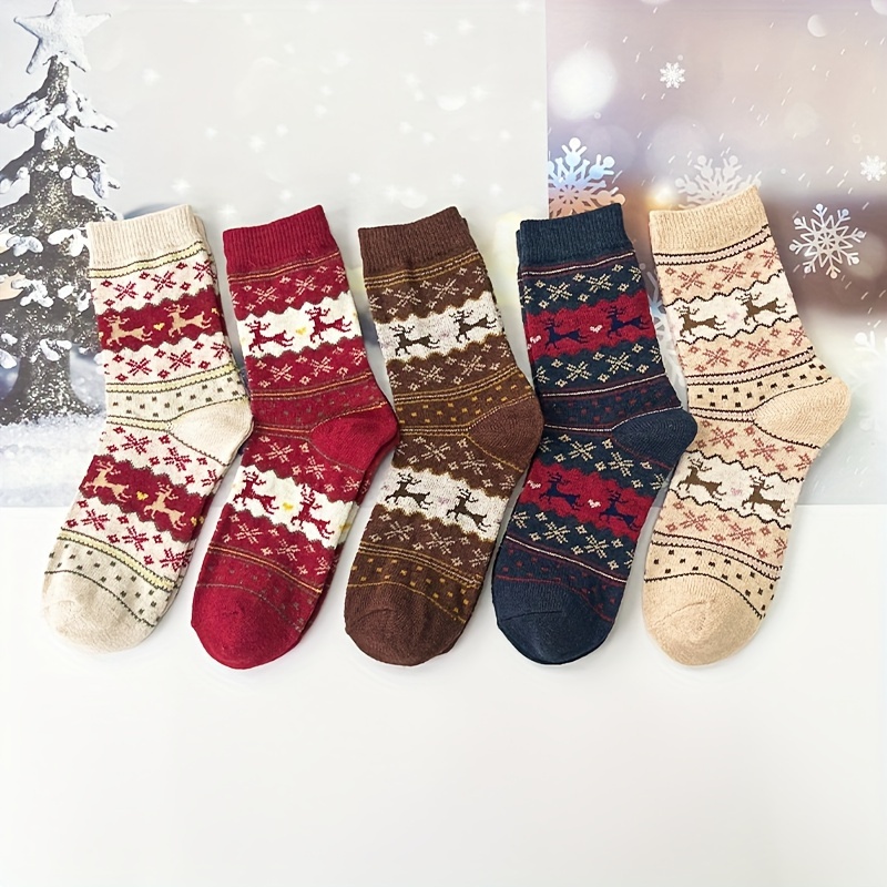 

5pcs Cozy Socks For Women - Cute Reindeer & Christmas Patterns, Couples, Soft Polyester , Hand Or Only