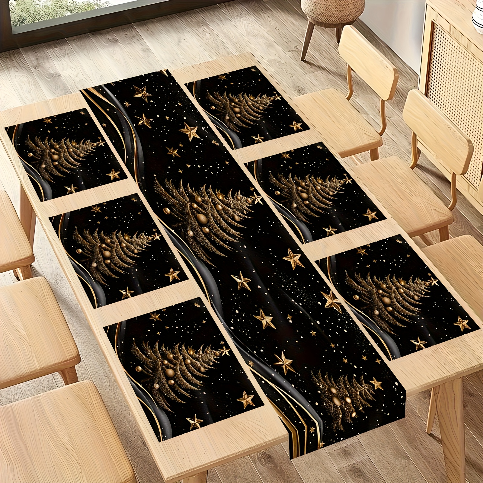 Image of Set Of 5/7 Golden Christmas Tree Runners And Placemats, Suitable For Dining And Coffee Tables, Festive Party Decoration, Home Decor