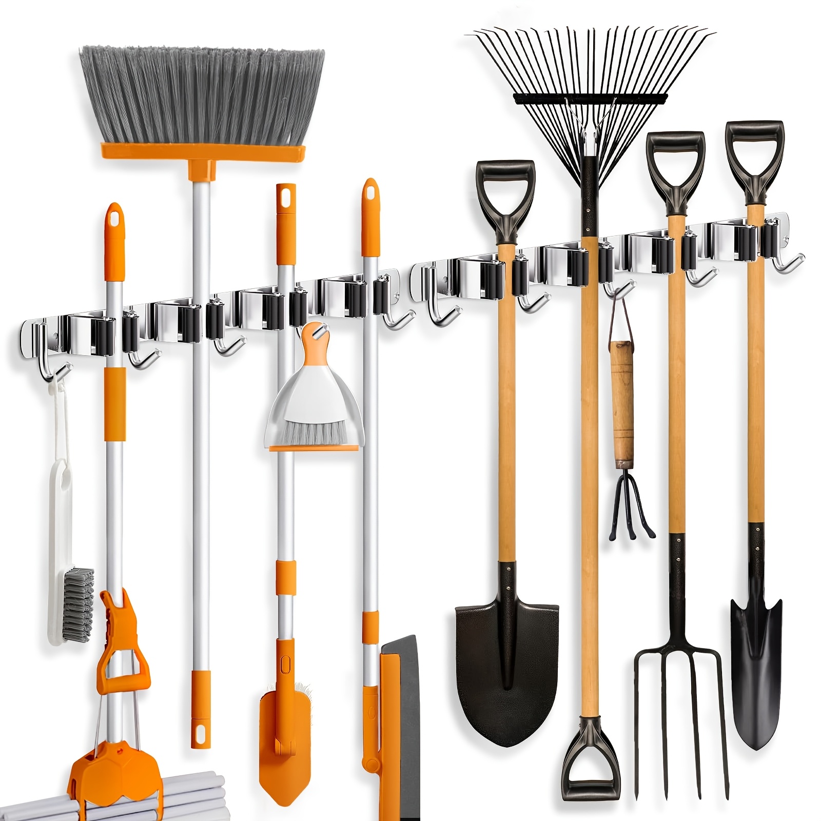 TEMU 2/4 Pack 304 Stainless Steel Wall-mounted Mop Rack With 5 Storage Slots And 4 Stainless Steel Hooks, Bathrooms, Garages, Etc. Holds Mops,