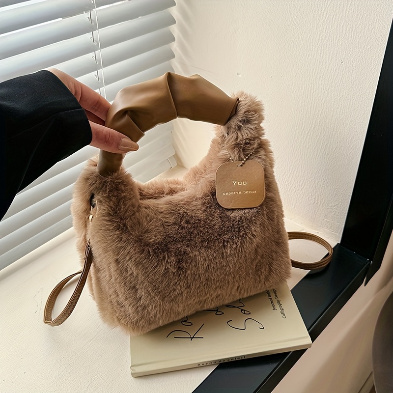 TEMU 【レディース】フェイクファー ハンドバッグ しずく柄 ハンドル付き スモール レディース ショルダー クロスボディバッグ カジュアル ハーフホーボー バッグ 冬