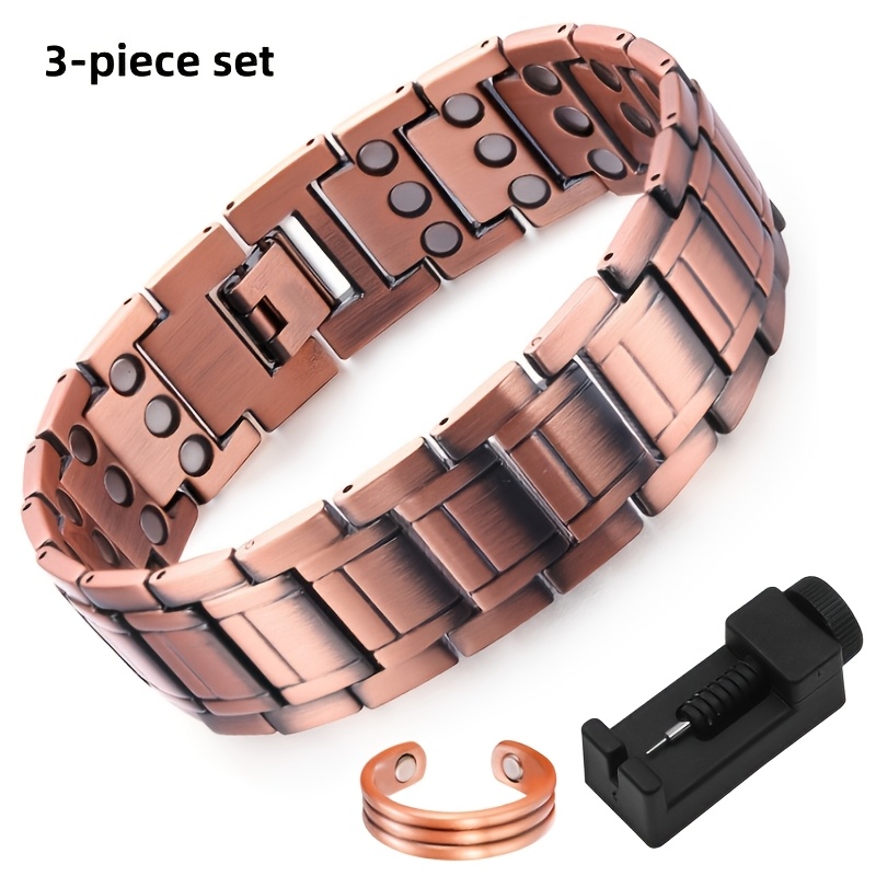 TEMU Ensemble de 3 bracelets magnétiques en cuivre - Inclut un outil de réglage de taille, design de bracelet minimaliste, pour homme