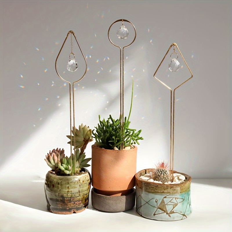 

3pcs Crystal Prism Plant Stakes Set - Decorative Golden Rods With Crystals For Light , Garden & Home Decor, Enhances Succulents & Small Plants, Plant Stakes Decorative