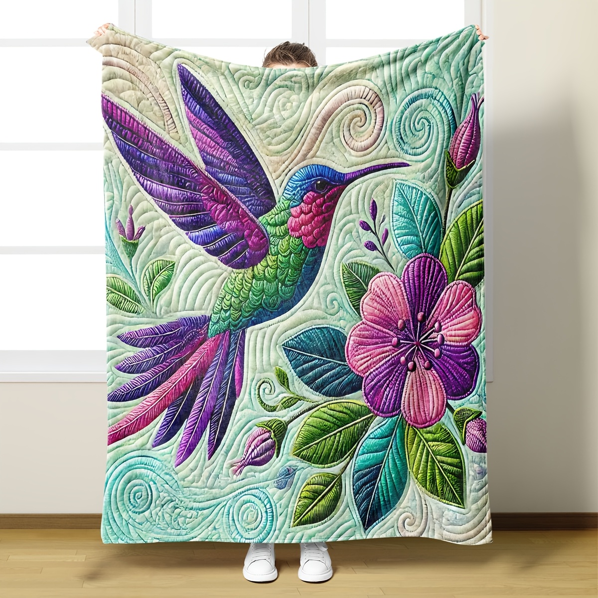 

1pc Contemporary Hypoallergenic Flannel Fleece Throw Blanket - Machine Washable, , Multipurpose Knitted Polyester Bedding With Embroidered Hummingbird Design, 200-250gsm