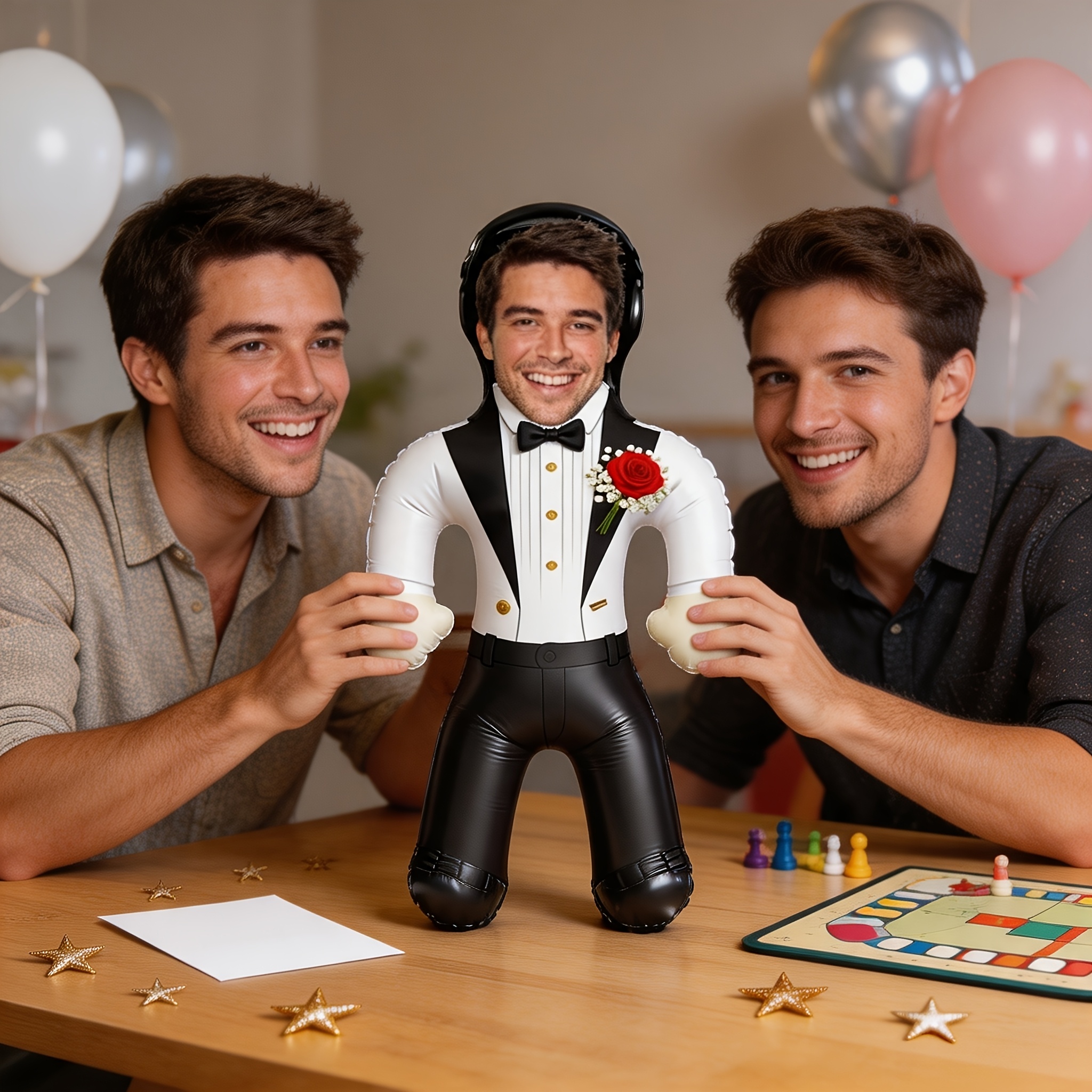 TEMU Custom Photo White Suit Bachelor Party Inflatable Doll, Red Rose Tuxedo Style Blow Up Doll, Funny Single Party Decoration, Personalized Face