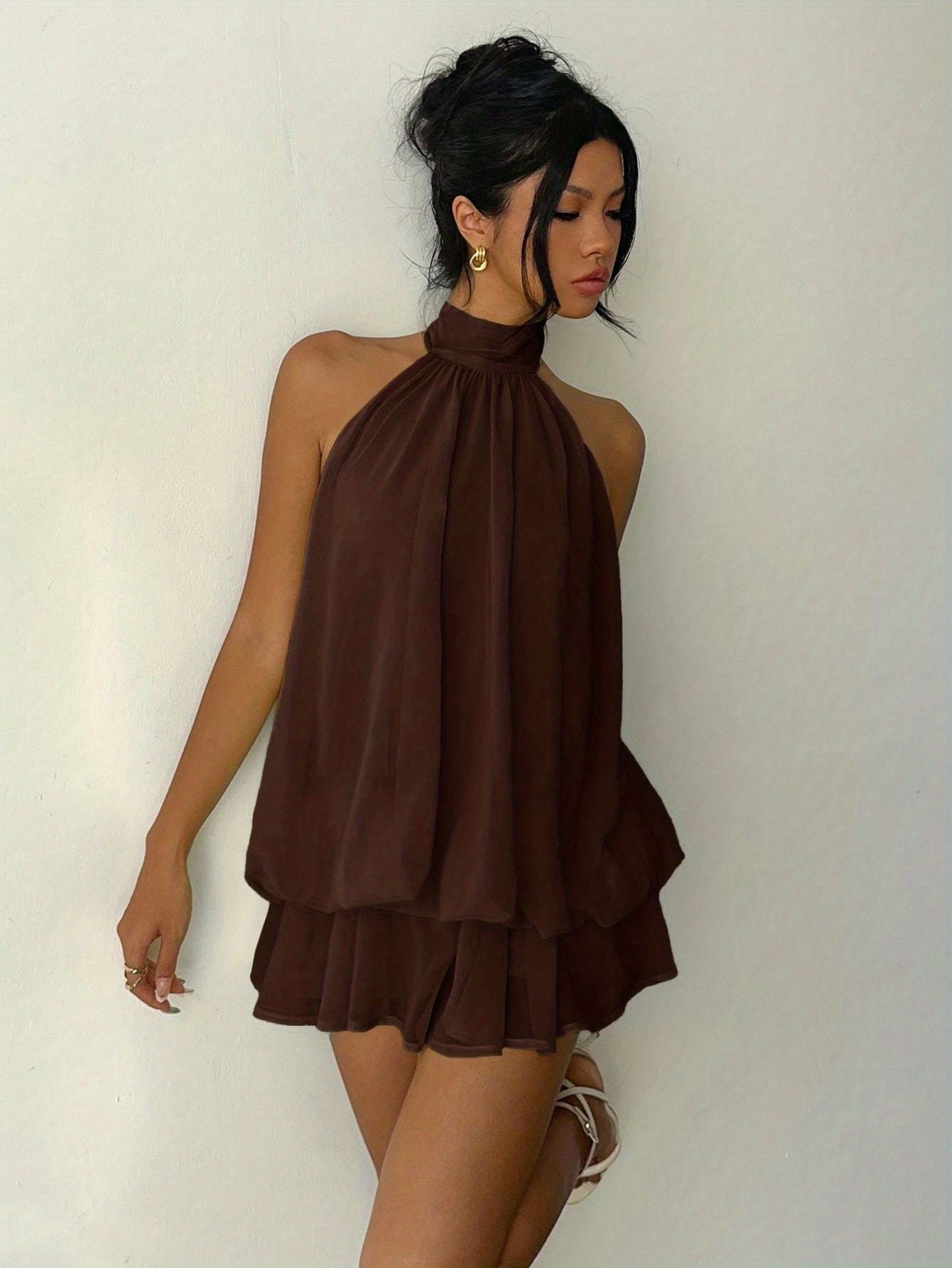 brown tie up dress Women Solid Brown Sweetheart Neck Sleeveless Tie-Up Open Back Semi-Sheer  Net Flared Maxi Dress