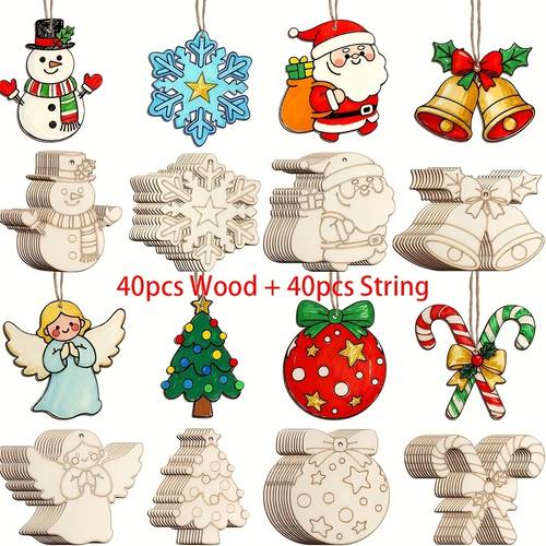 set di 80 ornamenti in legno per natale, con 8 design tra cui misteriosi, pupazzi di , , e , insieme a in legno non dipinti per creare e appendere