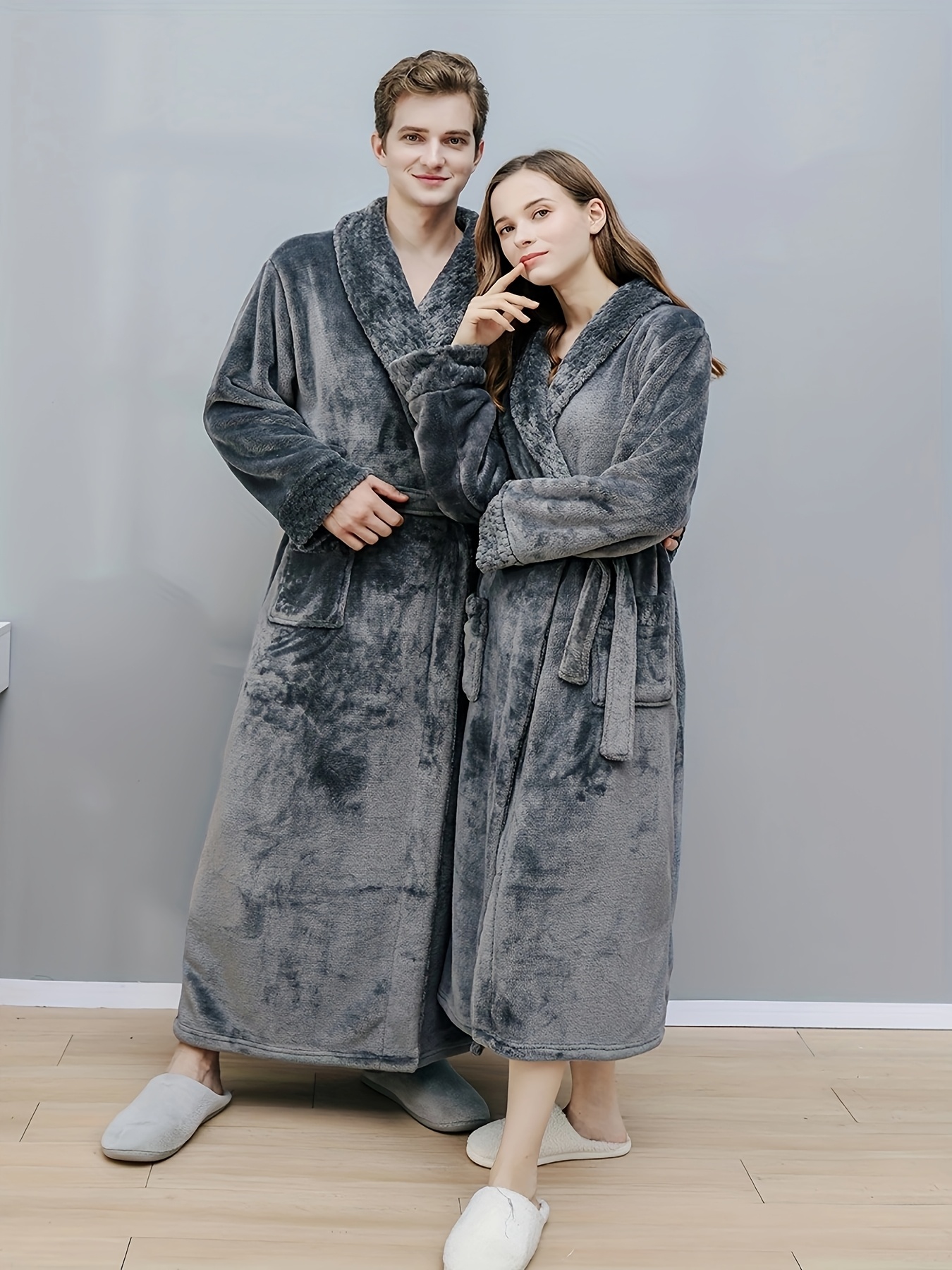 1pc Bathrobe Women or Men Plus Size for Winter & Spring & Autumn, No Hooded, Grey, Long, Flip Collar, Plush Robe for Bathroom, Bedroom, Thicken Flannel Towel for Shower, Sleepwear Gown, Can As Couple Home Clothes Robes