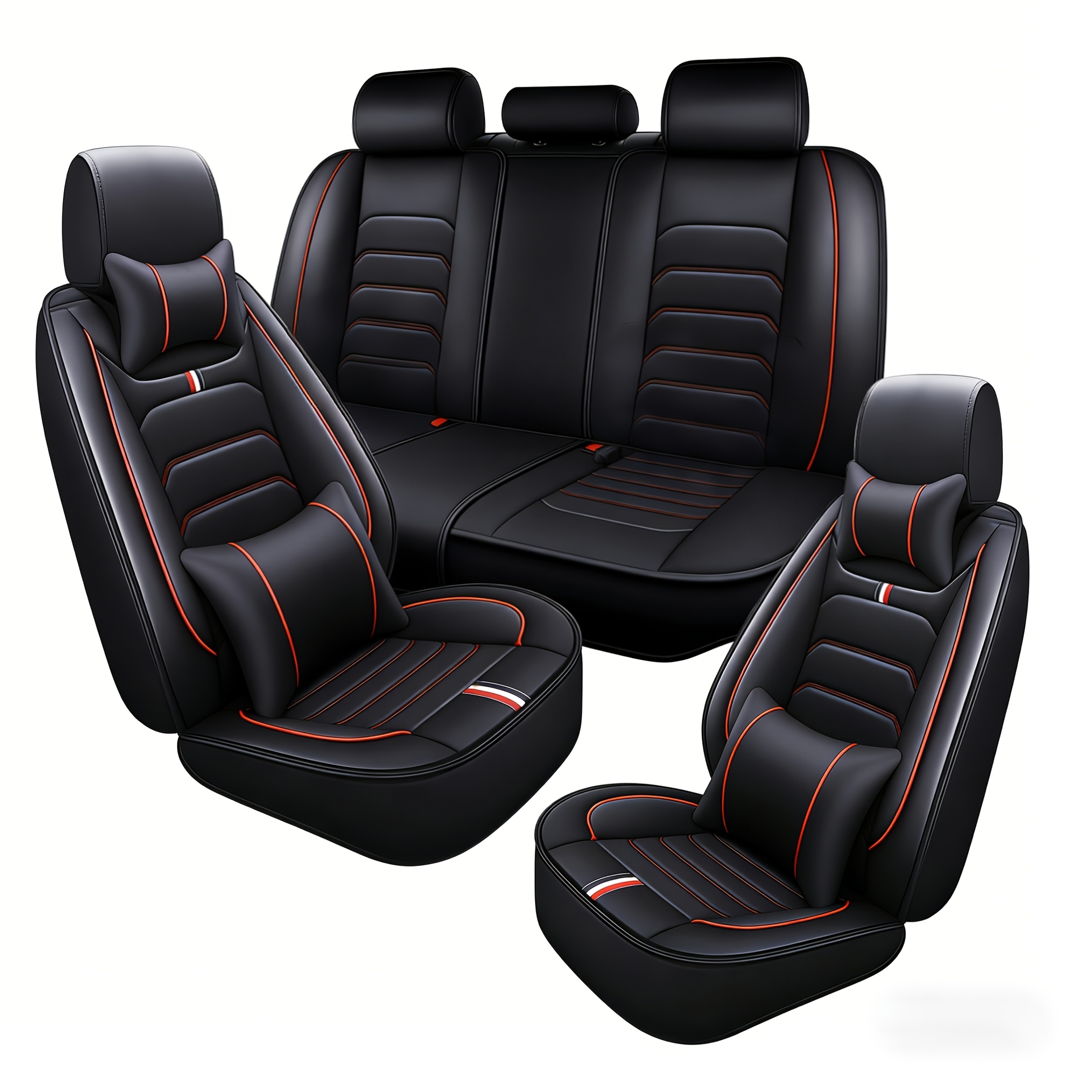 Image of Luxury Pu Leather Car Seat Cover Set: 5 Seats + 2 Headrests + 2 Lumbar Pillows, Waterproof Non-slip Full Set Car Seat Protector, Universal Car Interior Accessories, Suitable For Suv Sedans, Black Red