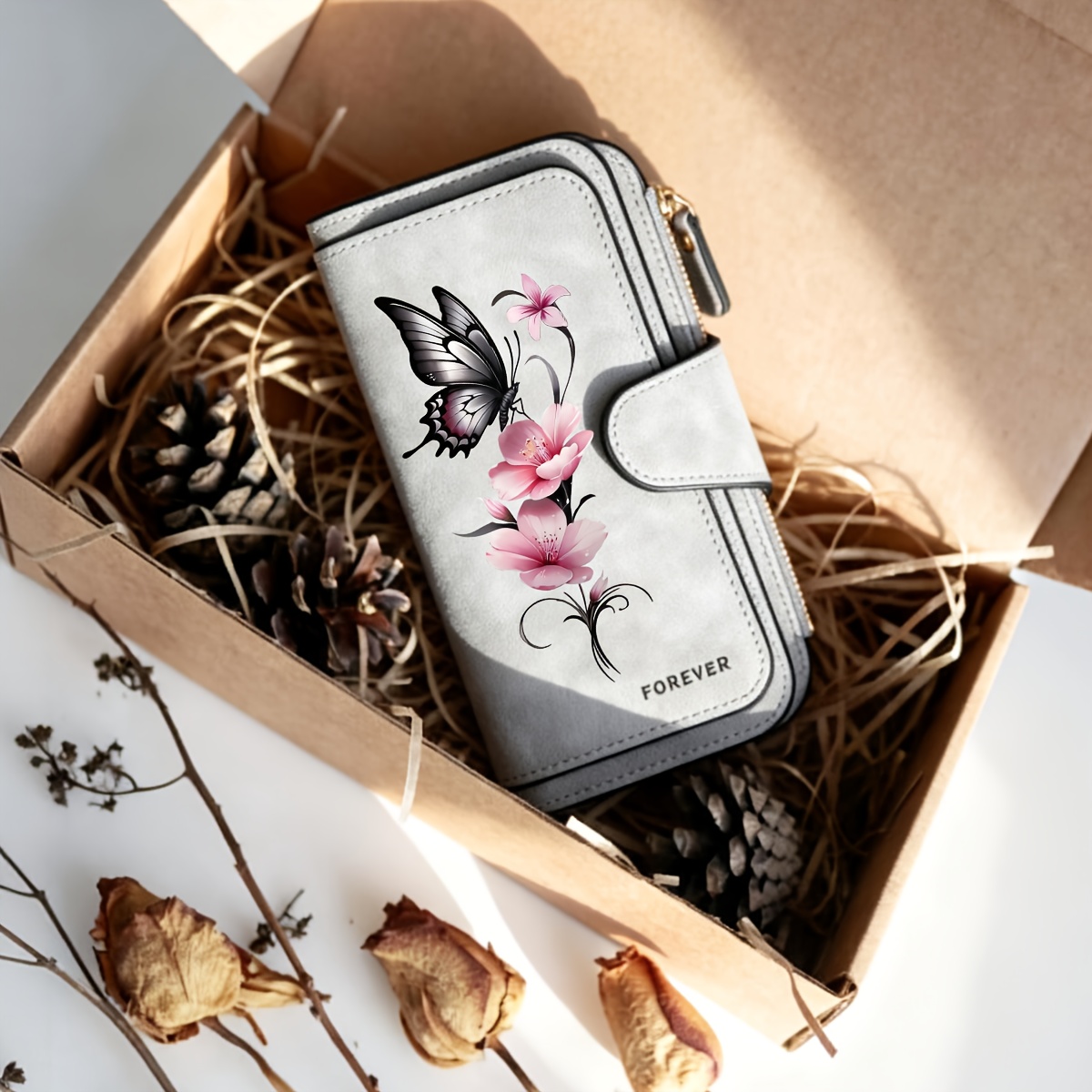 ink style   and flowers large capacity womens printed long zipper wallet casual lining snap closure random floral print suitable for travel gifts for valentines day christmas thanksgiving   in   grey brown