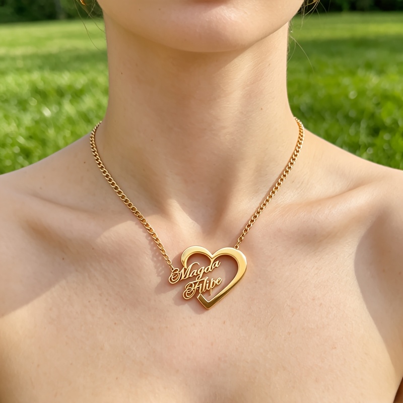 Custom 18K Plated Stainless Steel Name Necklace with Heart Pendant