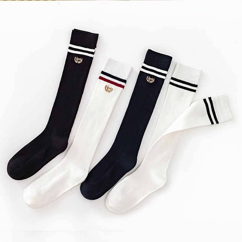 Image of 3 Pairs Of Teenage Girl Calf Socks, Jk Socks With Printed Pattern, Black And White Double Stripe Mid-calf Student School Style Slimming Long Socks, For Teenager,fall And Winter Clothes