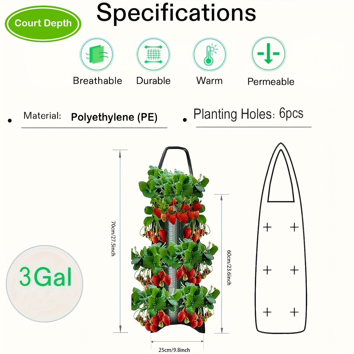 TEMU 1-pack 3+3 Opening Hanging Strawberry Grow Bag - Vertical Garden Planter For Growing Strawberries, Tomatoes, And , Durable Plastic For Efficient