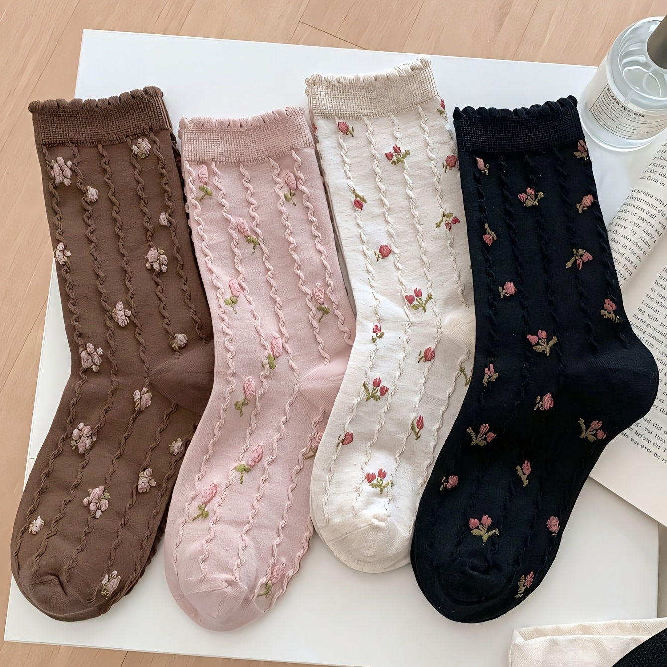 TEMU 4 Pairs Of Women's Small Rose Floral Mid-calf Socks, Multiple Styles, Versatile For Daily Wear, Cute, Fashionable, Simple, Comfortable, Soft,