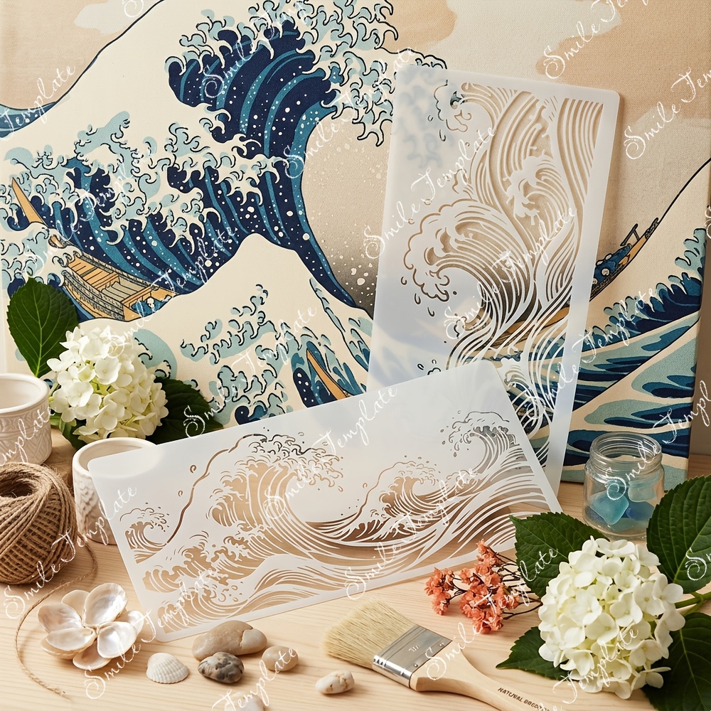 TEMU 2pcs Reusable Ocean Wave Stencils Suitable For Walls, Canvas, Fabrics & Tiles - Washable Flexible Plastic Wave Templates With Base & Wave