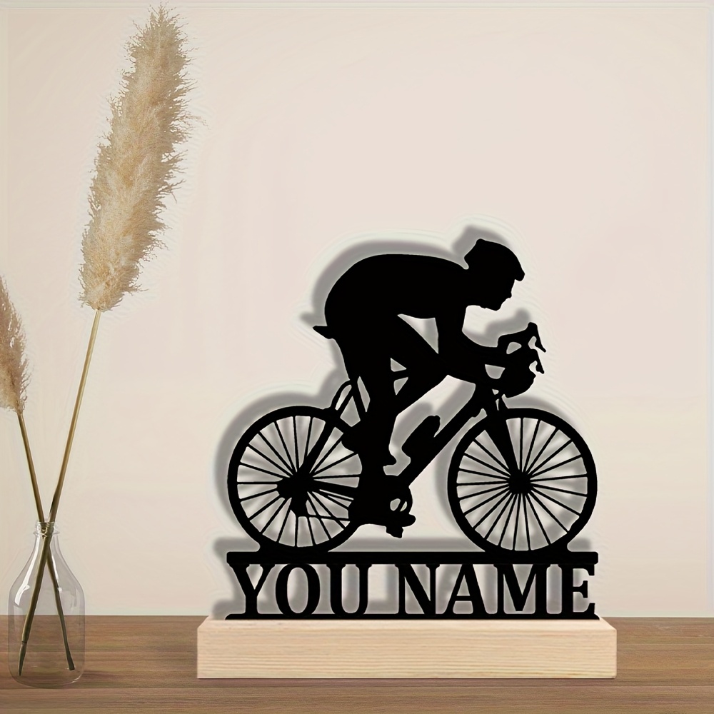 TEMU 1 Personalized Bicycle Metal Desktop Art With Wooden Base, Customizable Mountain Bike, Road And Cycling Enthusiast Name Metal Decoration Desktop