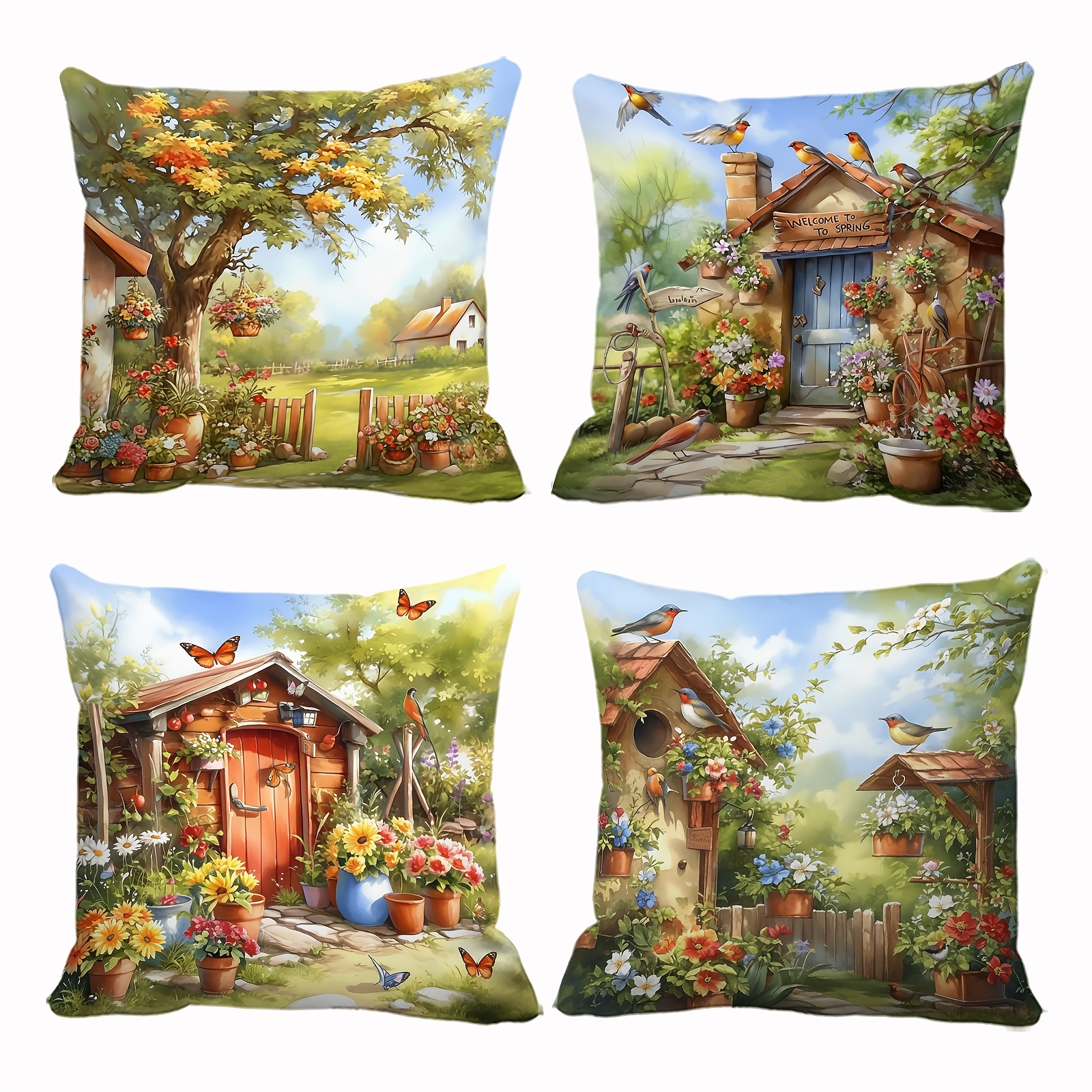 

4pcs Style Cottage Floral And Print Throw Pillow Covers, Hand Wash Only, Zipper Closure, Woven Polyester, Decorative Cushion Cases For Home And Outdoor Use - No Insert