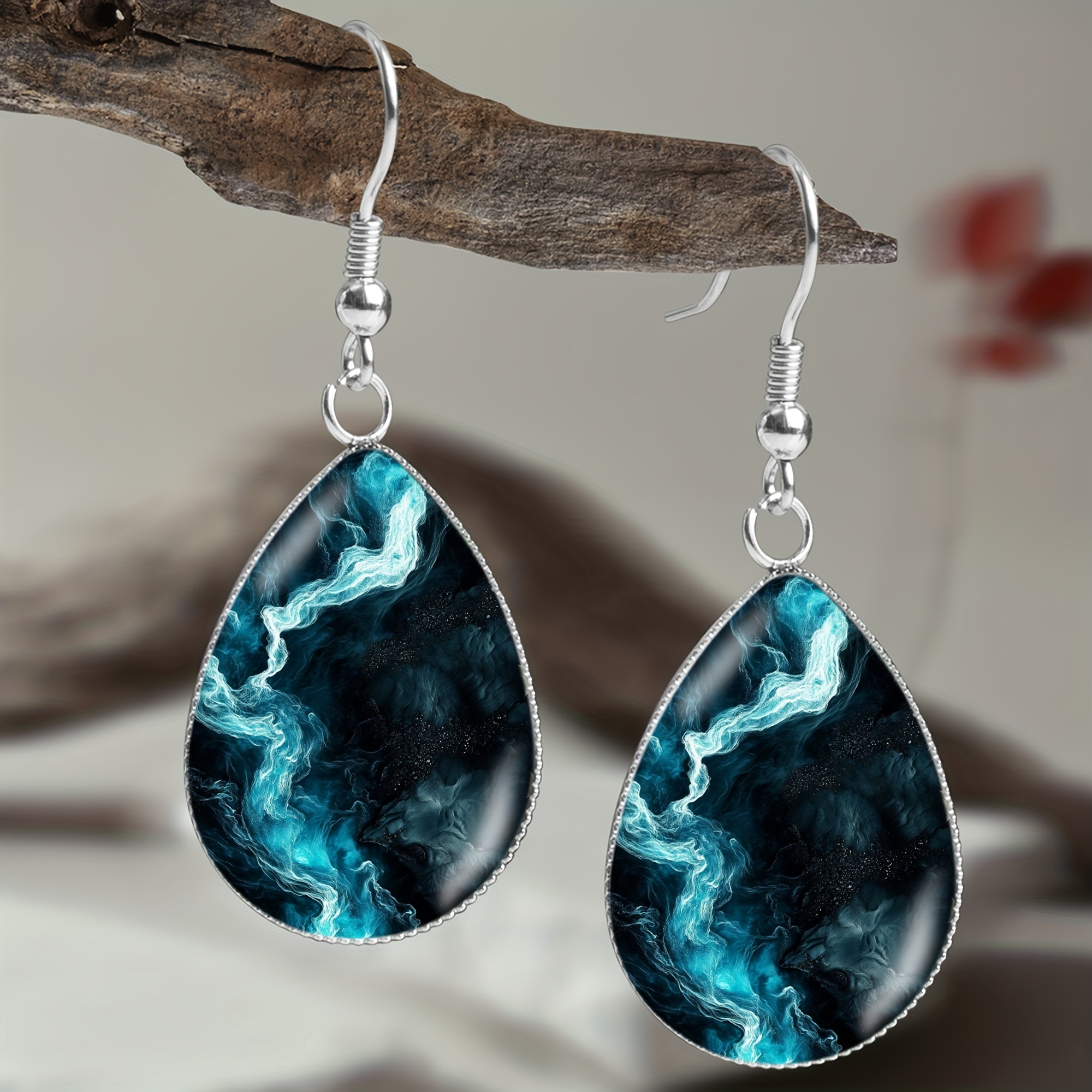TEMU 1 Pair Of Teal Wave Pattern Steel Earrings, Natural Jewelry For Men And Women, Daily Wear And Vacation Accessories
