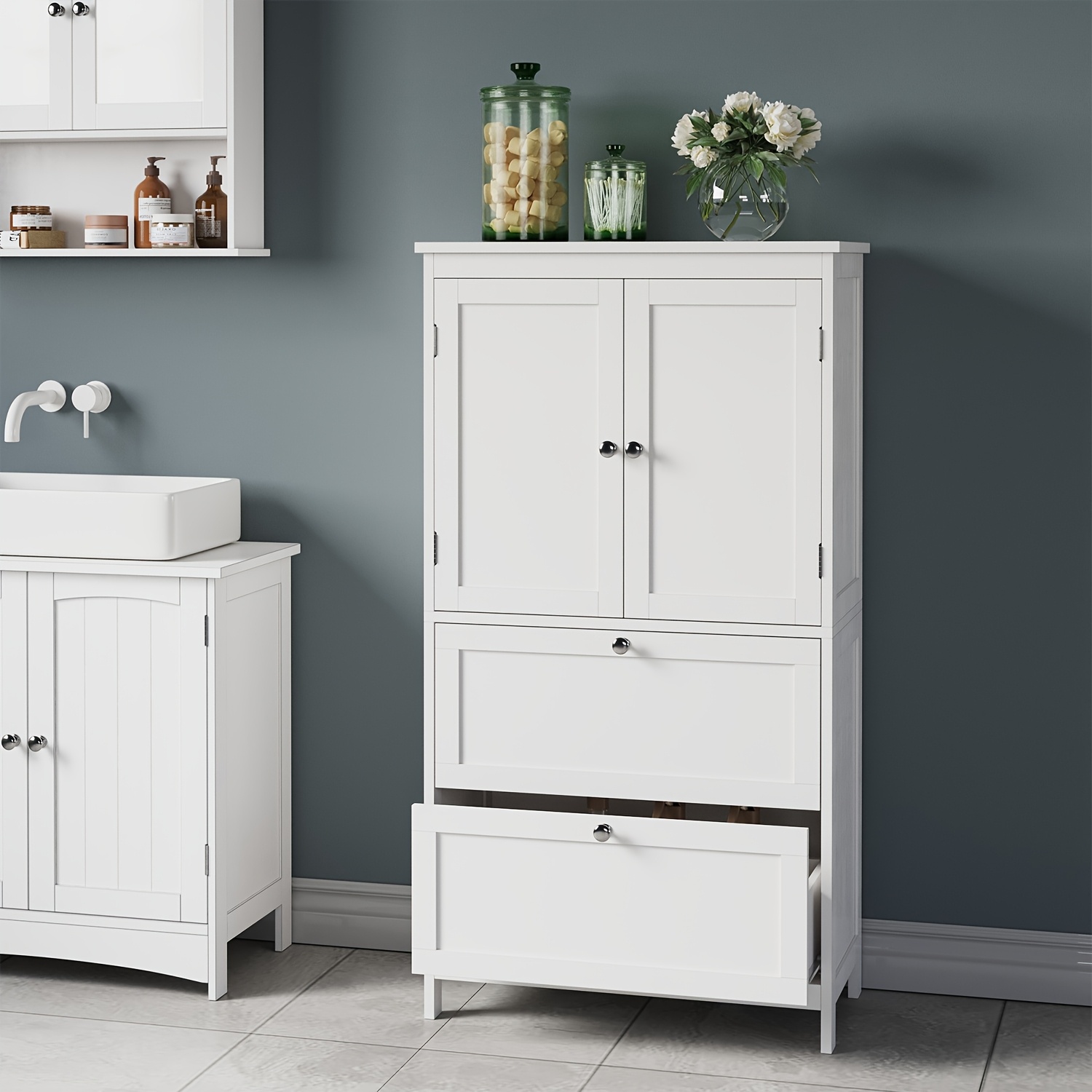 E-shop Badezimmer Schrank, Badezimmer Schrank, Küchenschränke, mit 2 Türen und 2 Schubladen, verstellbares Regal