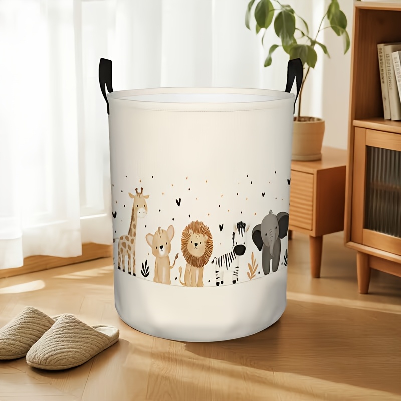 TEMU 1 Cesto de lavandería plano 2D con diseño de animal lindo, caja de almacenamiento plegable con asa, adecuado para la decoración del hogar y la