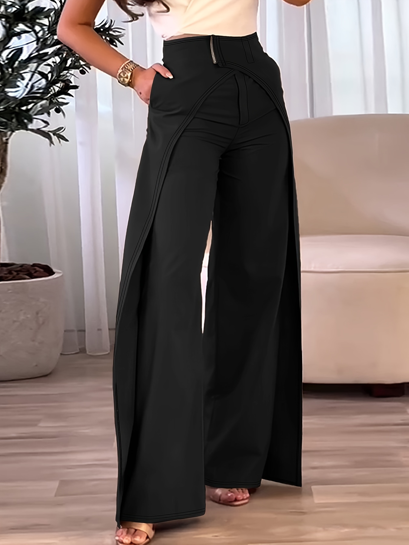 Solid Wide Leg Pants High Waist Chinese Retro Style Drape - Temu Canada