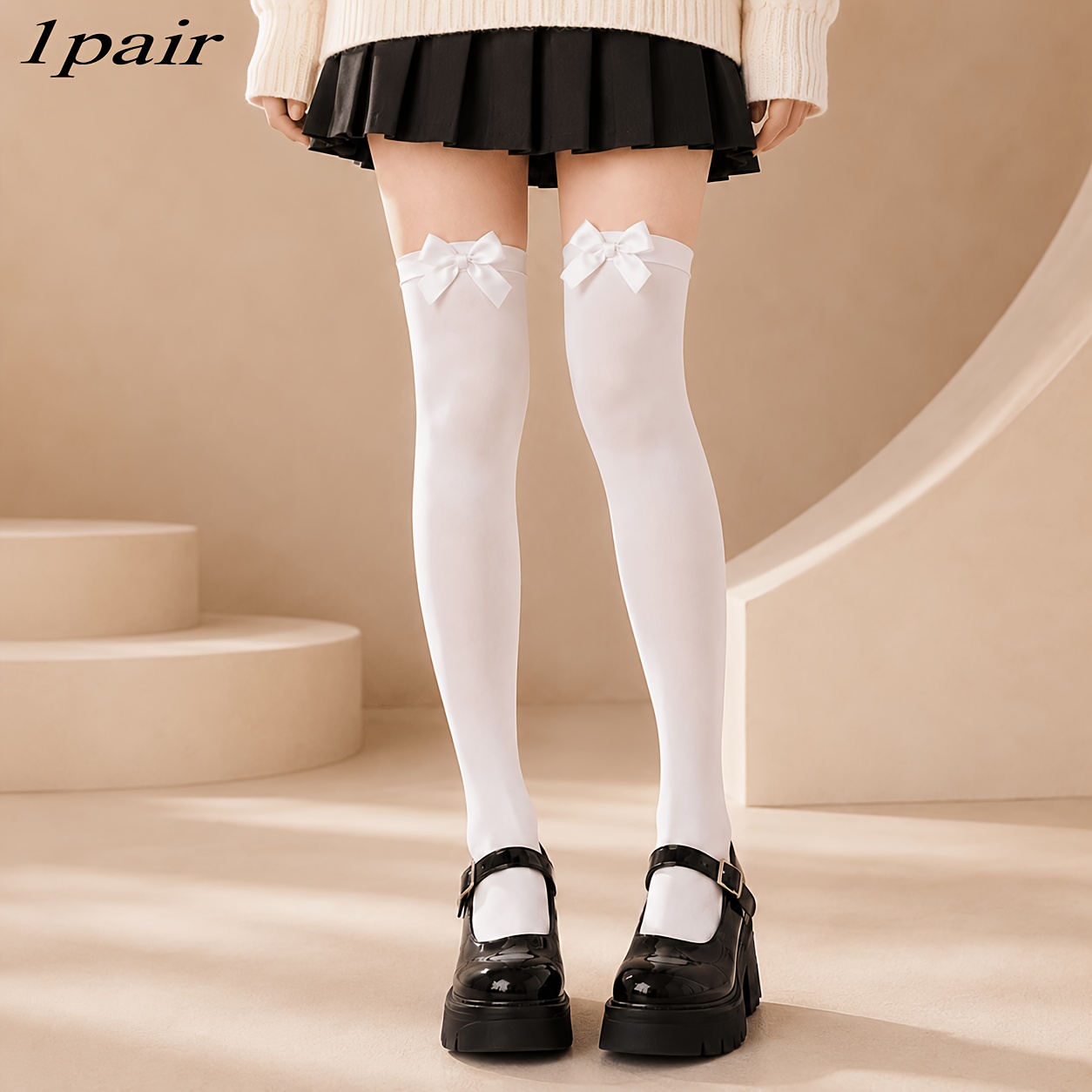 TEMU 1 Pair Solid Color Over-the-knee Socks With Bow Detail Are Classic, Versatile, Soft, And Skin-friendly. 're Stylish Mid-calf Socks With A Sweet,